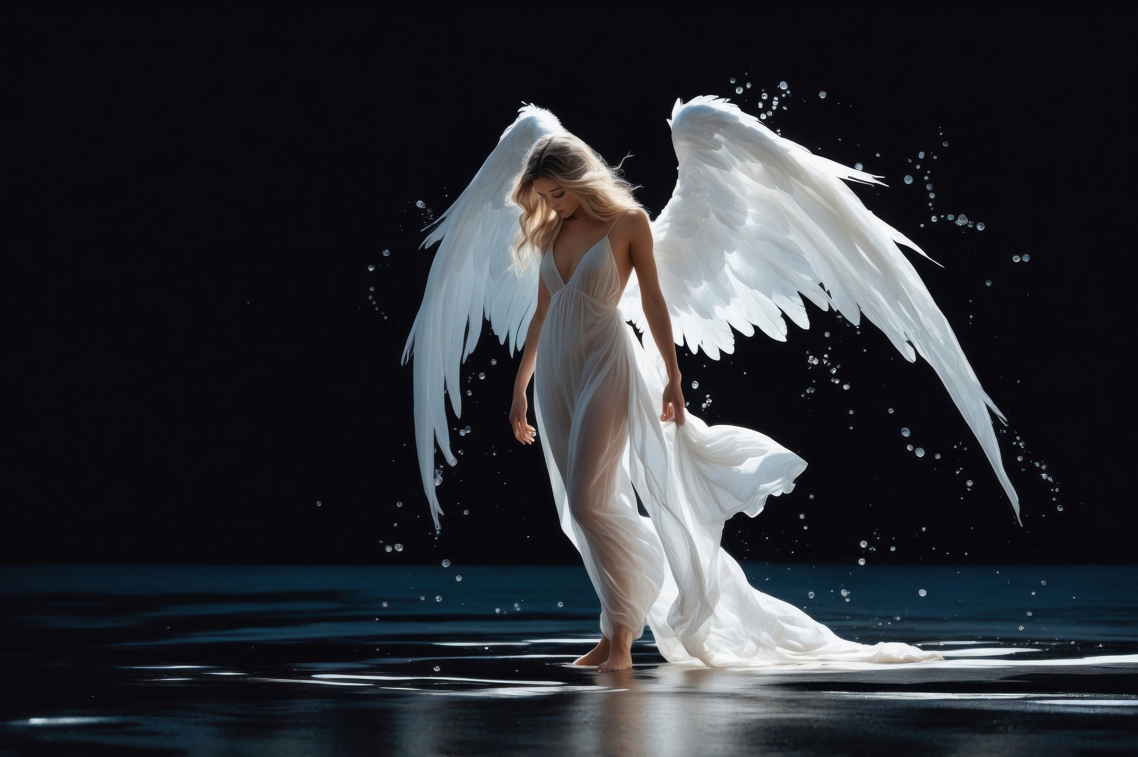 Ethereal Angel with White Wings in Water HD Wallpaper
