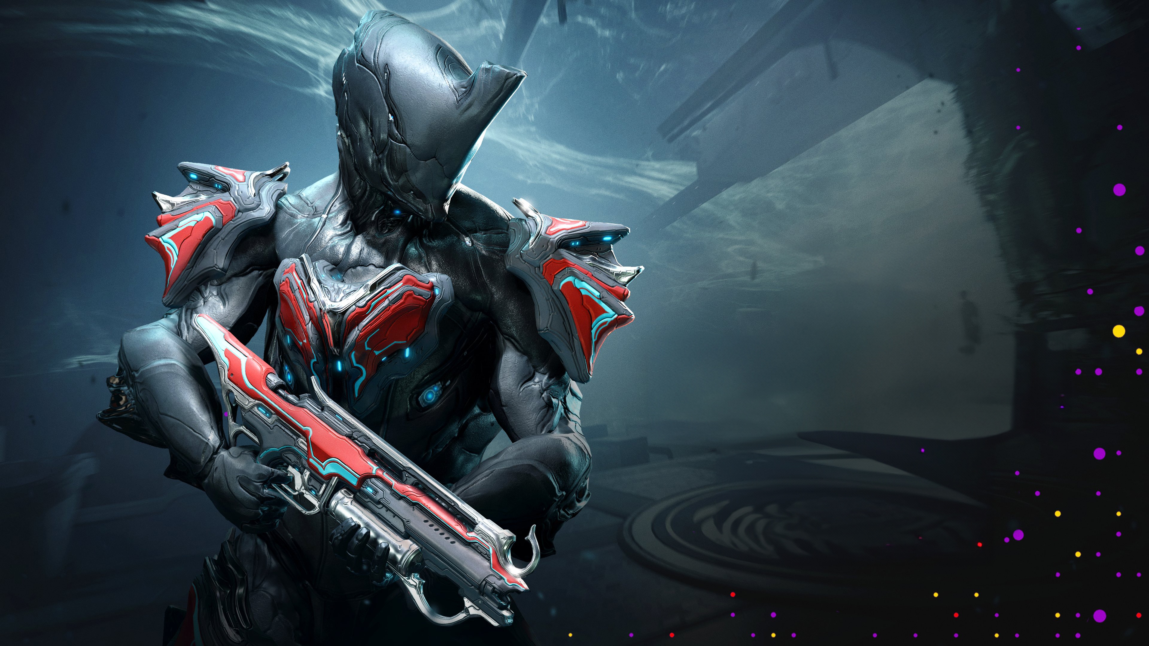 Warframe character holding a weapon in a dark environment HD Wallpaper