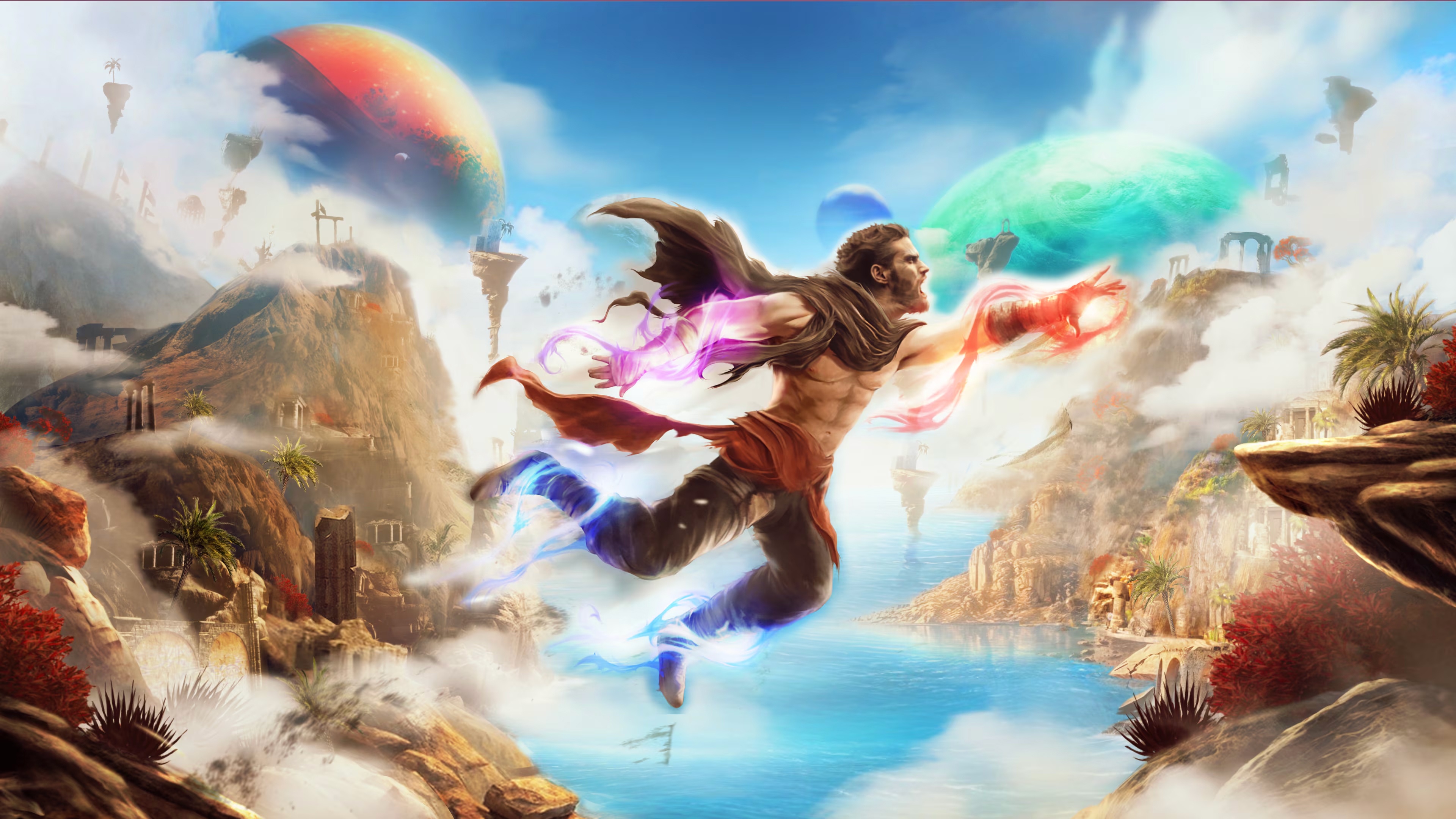 Man with magical powers flying through a fantasy world HD Wallpaper