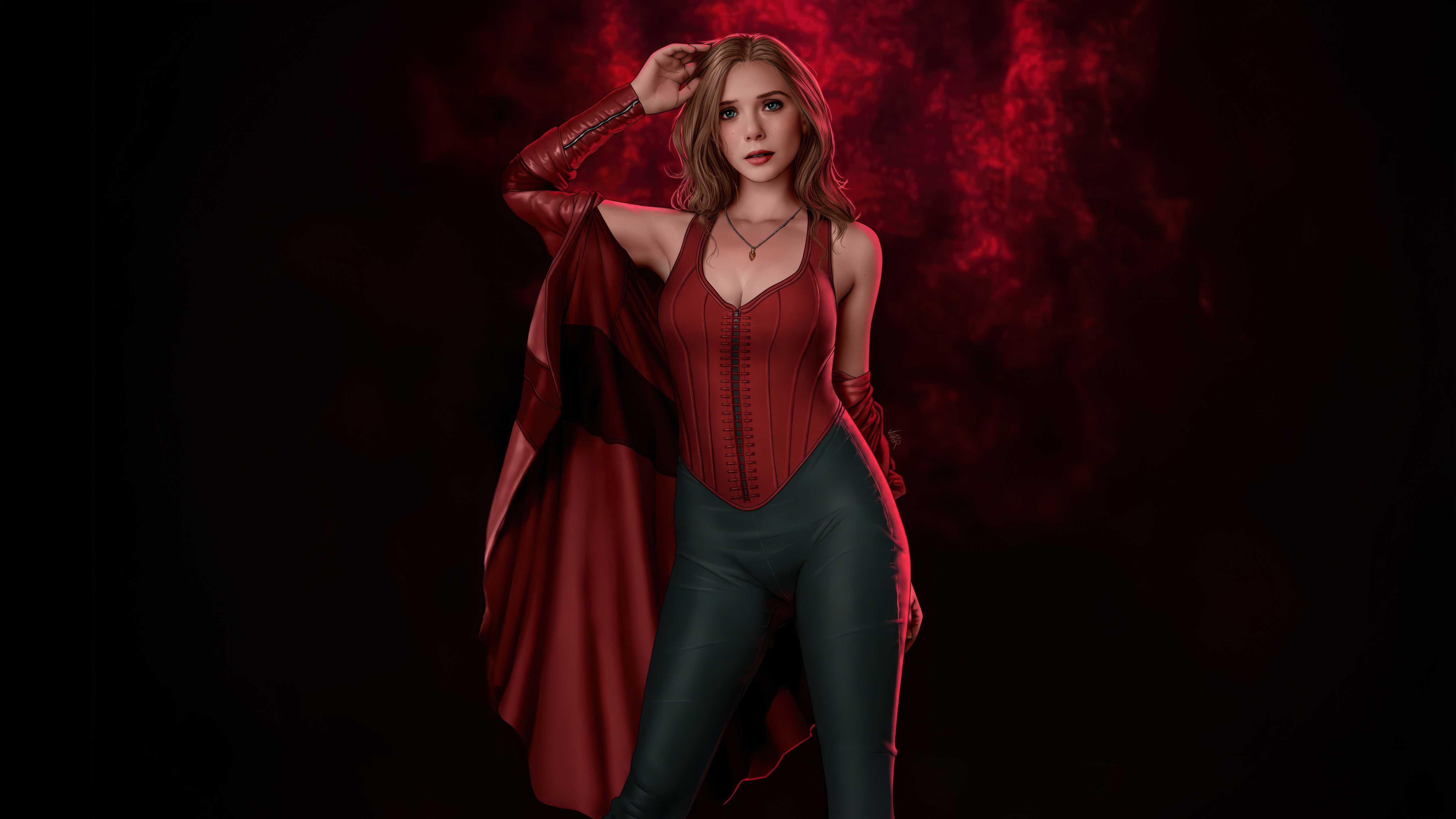 Scarlet Witch Cosplay with Red Smoke Background HD Wallpaper
