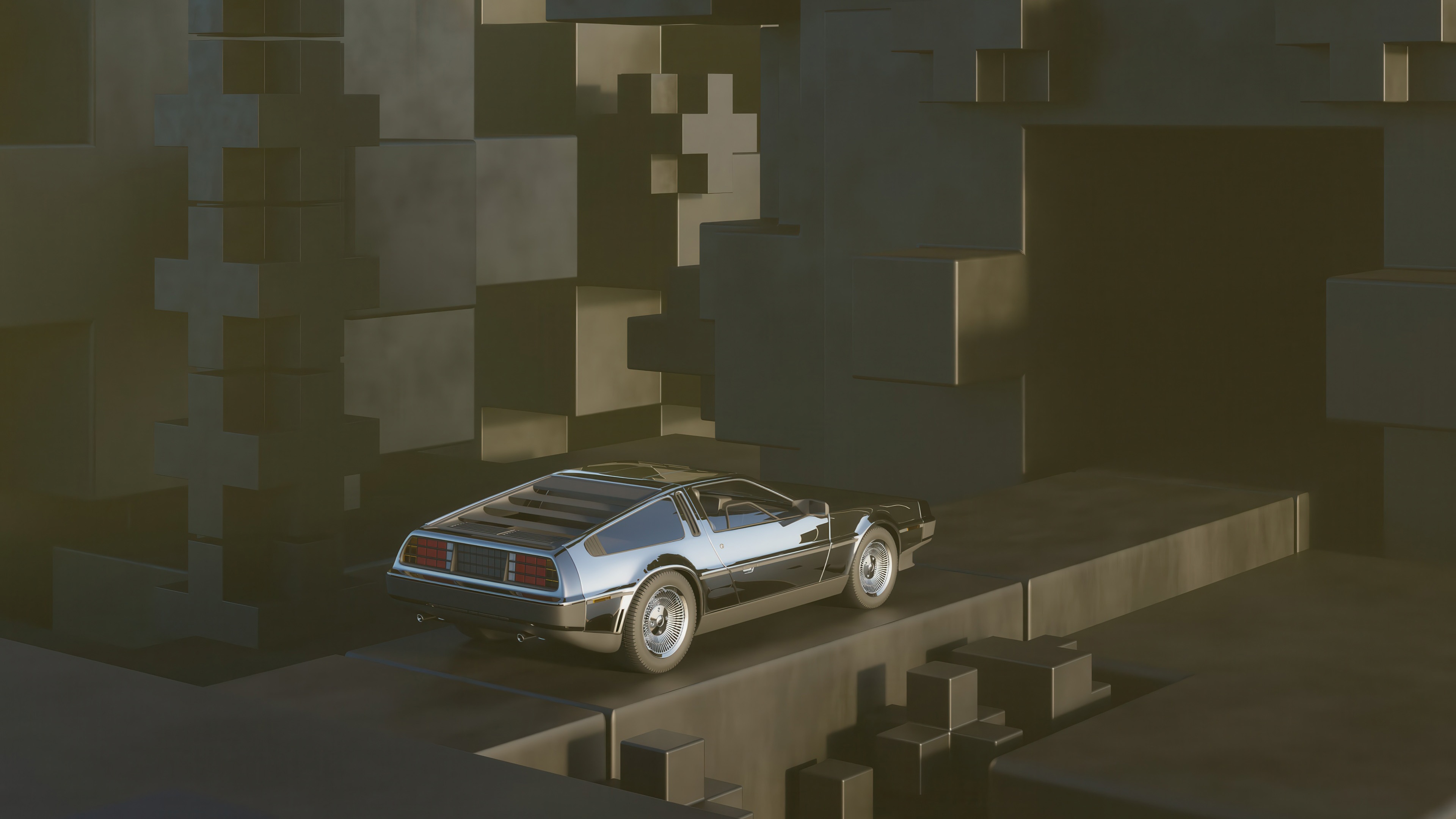 Silver Delorean car in a futuristic city HD Wallpaper