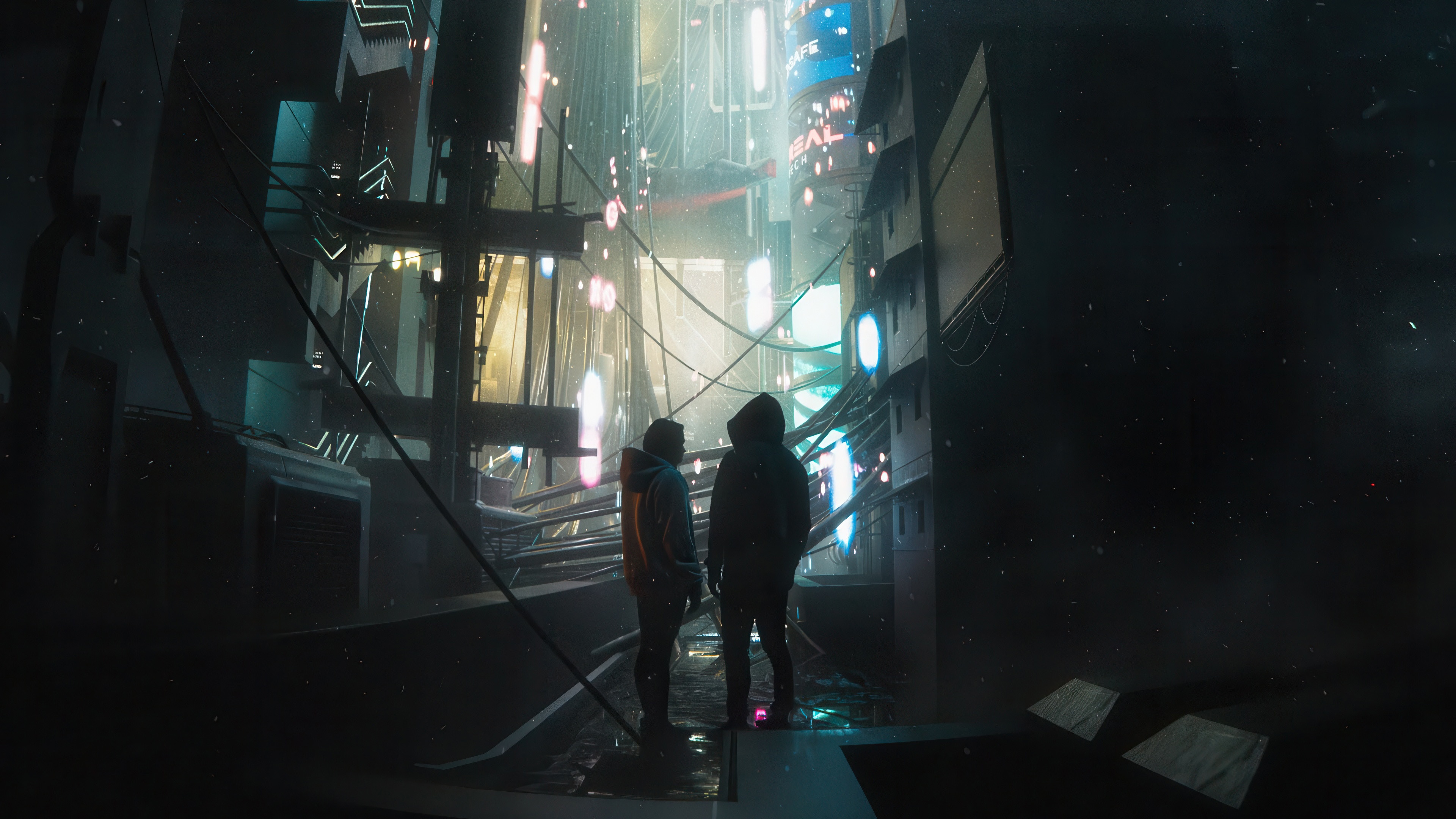 Two people in a dark, futuristic city alley HD Wallpaper