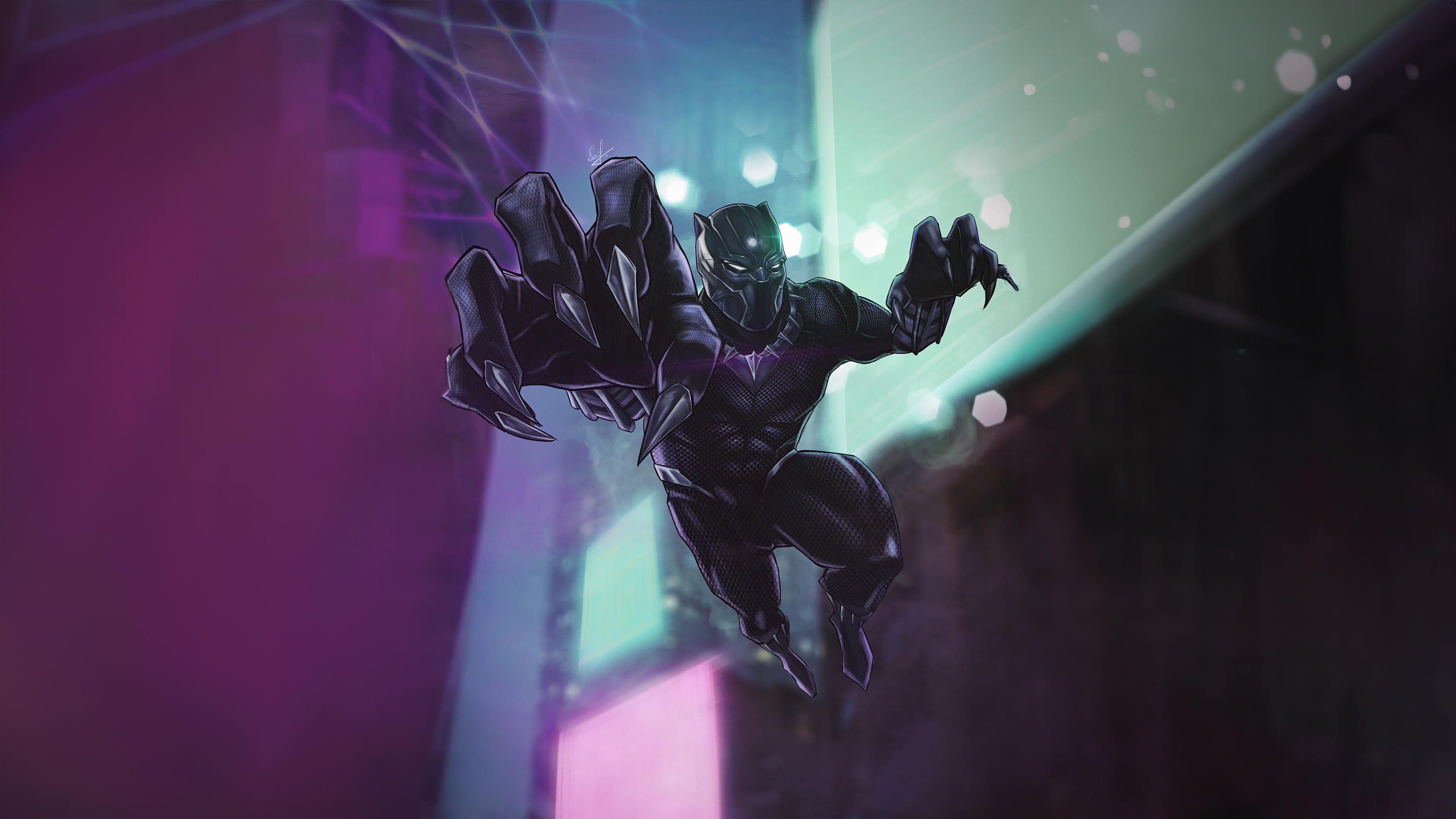 Black Panther leaping in a neon city HD Wallpaper