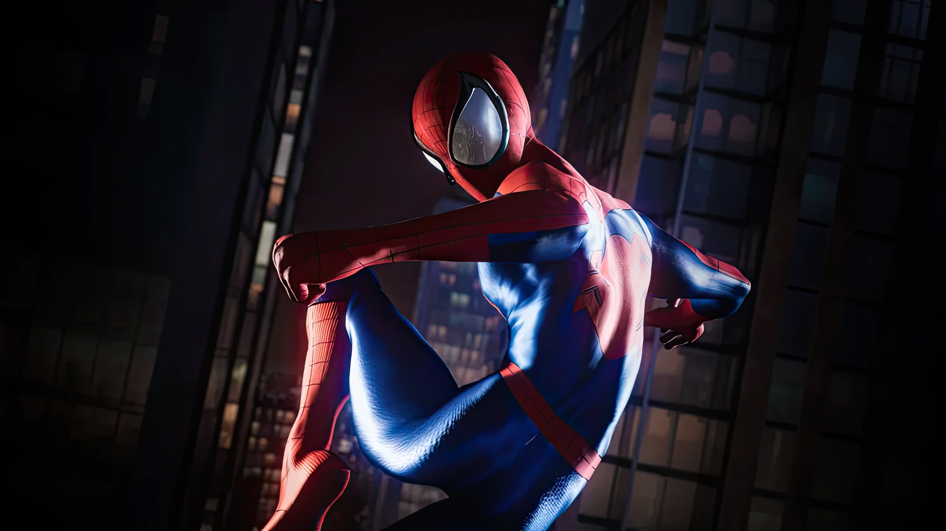 Spider-Man in a city at night HD Wallpaper