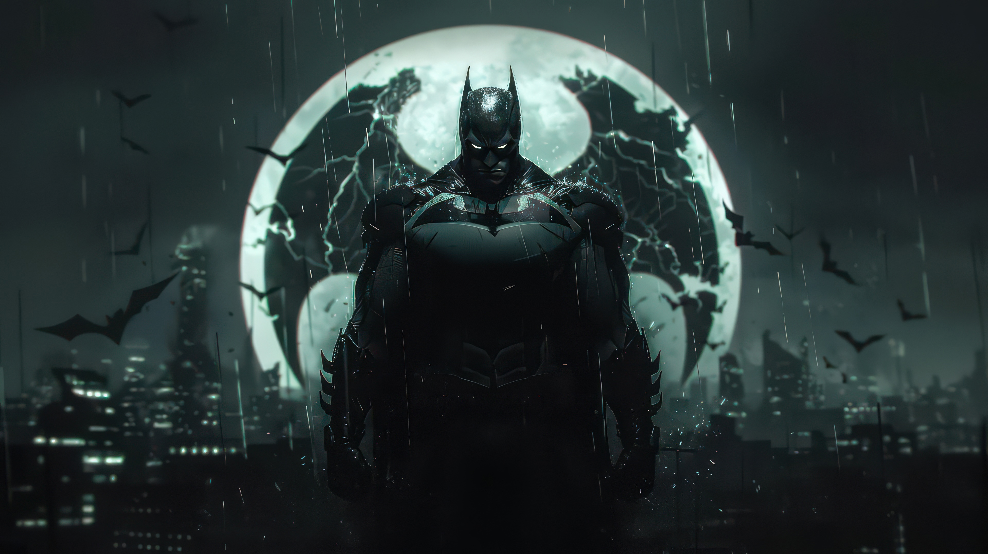 Batman Standing in the Rain with Bats and Moon HD Wallpaper