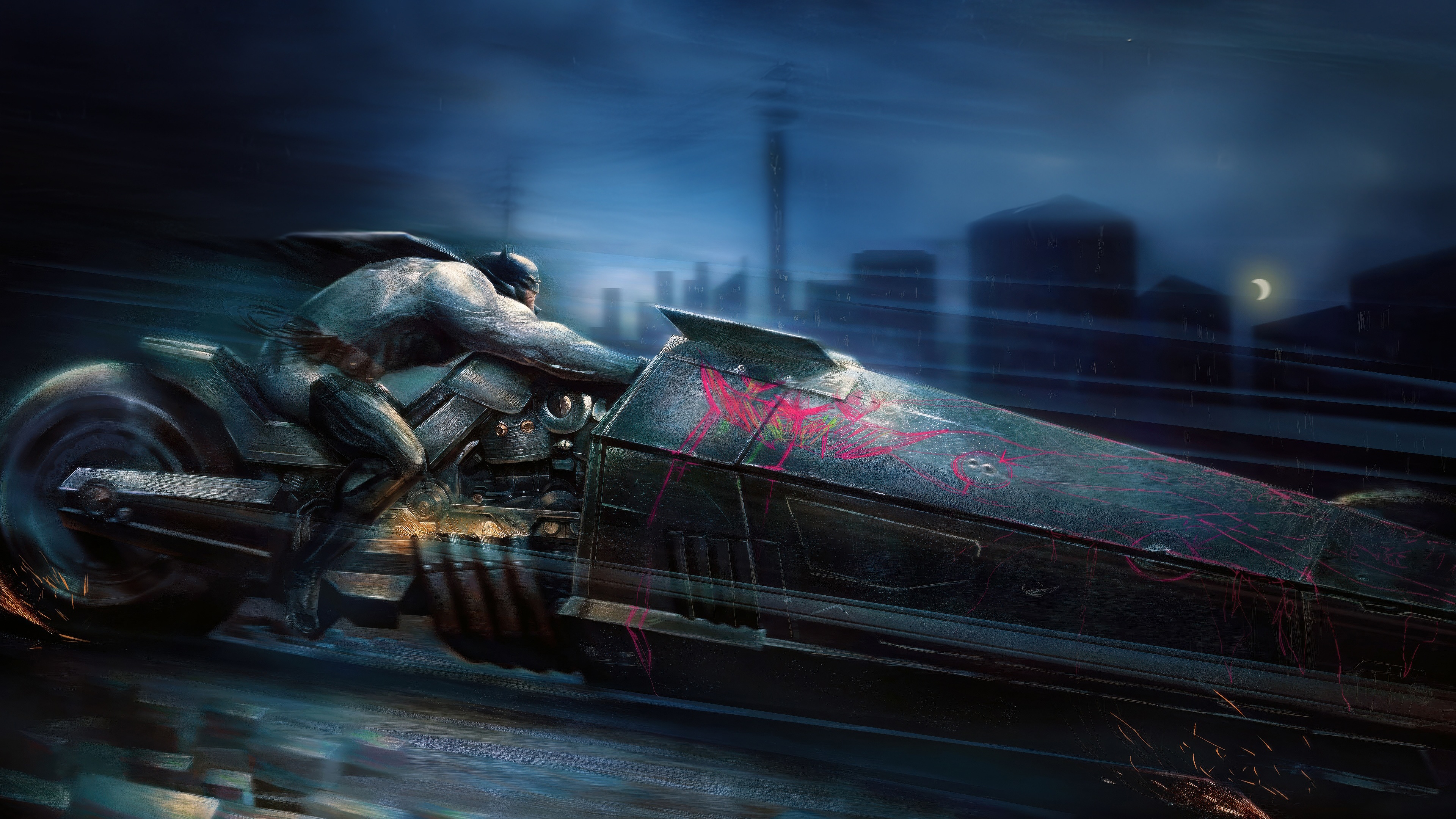 Batman on a Batpod in a dark city HD Wallpaper