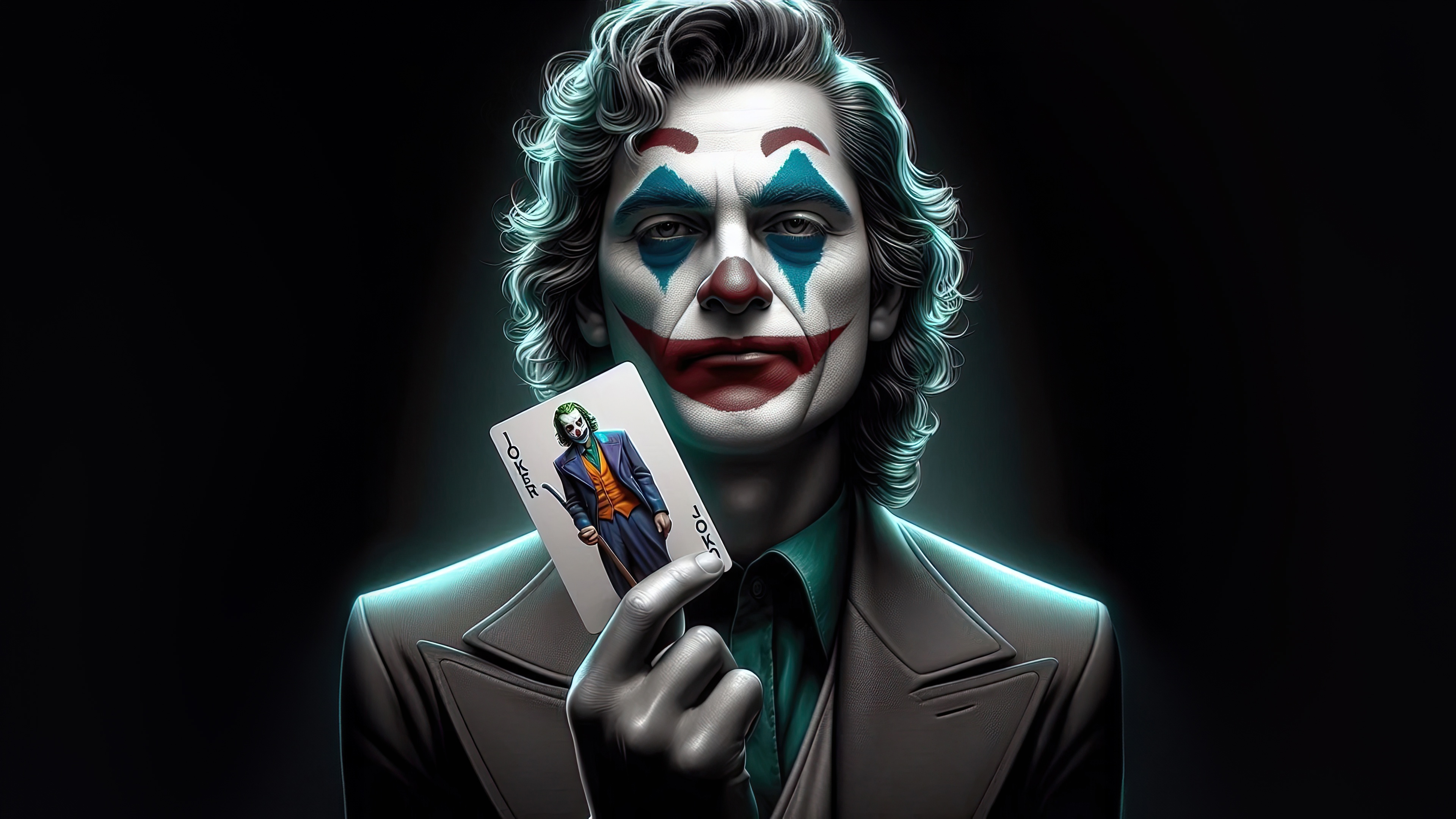 The Joker holding a Joker card HD Wallpaper