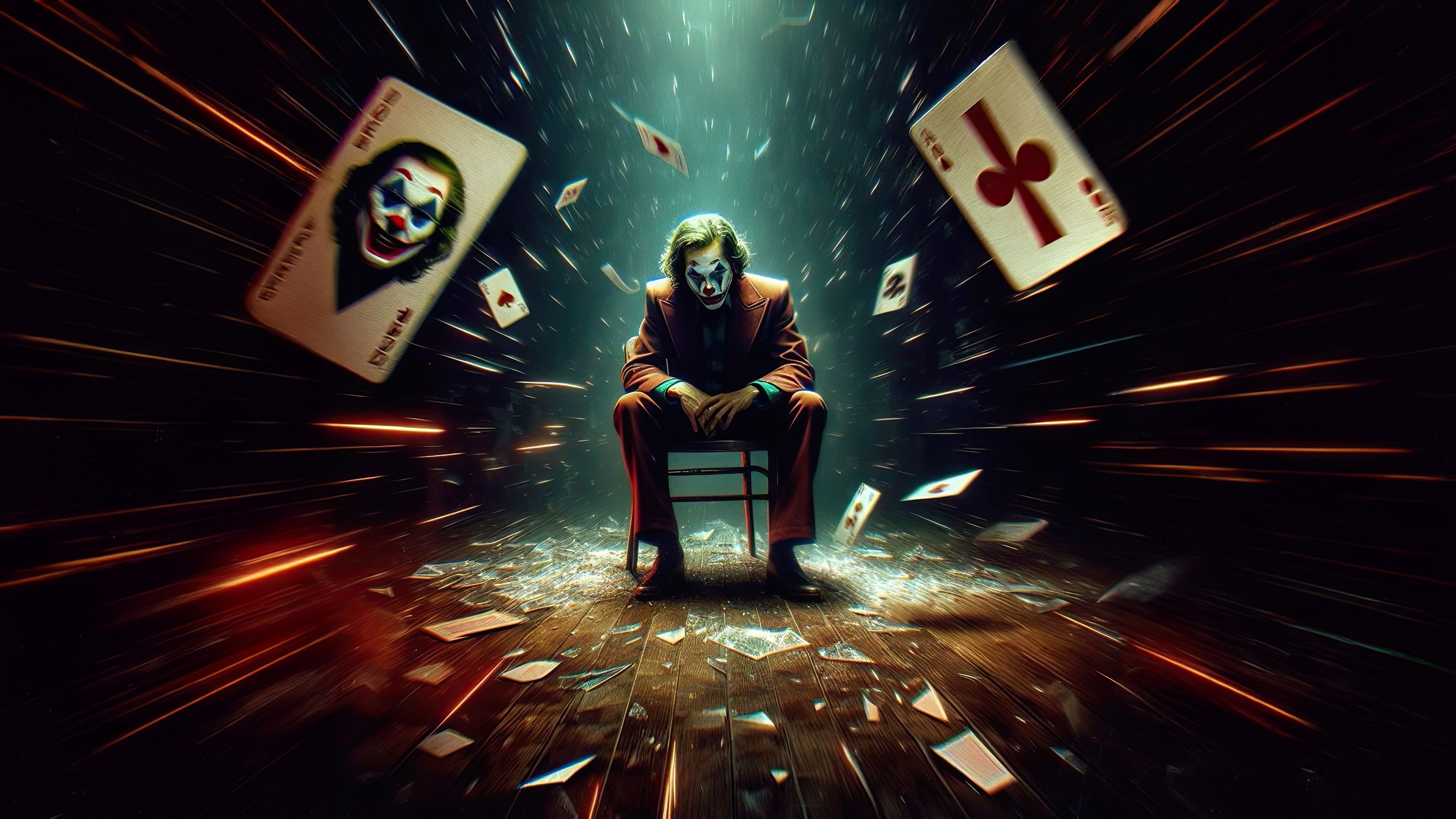 Joker Sitting Amidst Falling Cards HD Wallpaper