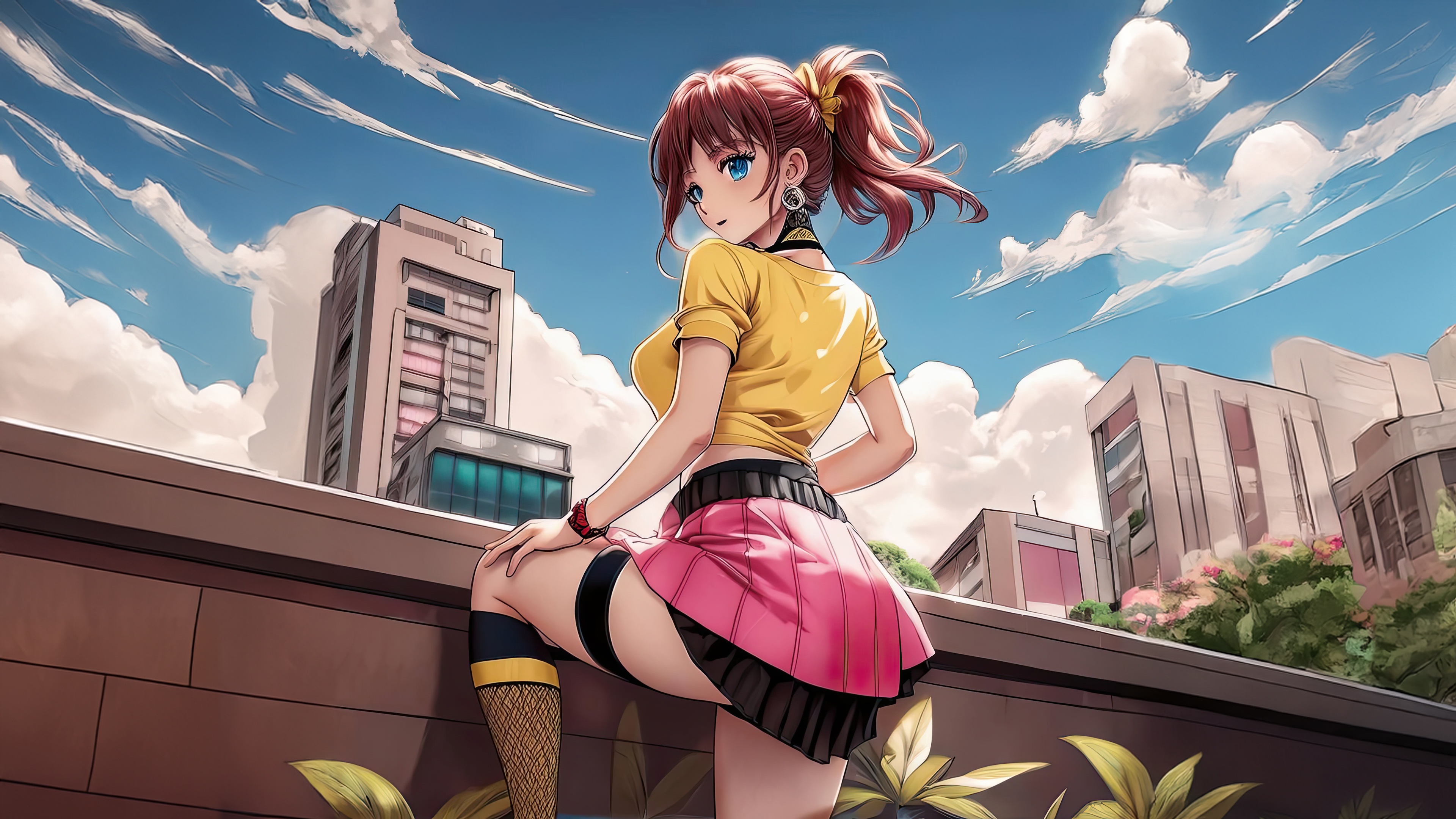 Anime girl in yellow shirt and pink skirt on rooftop HD Wallpaper