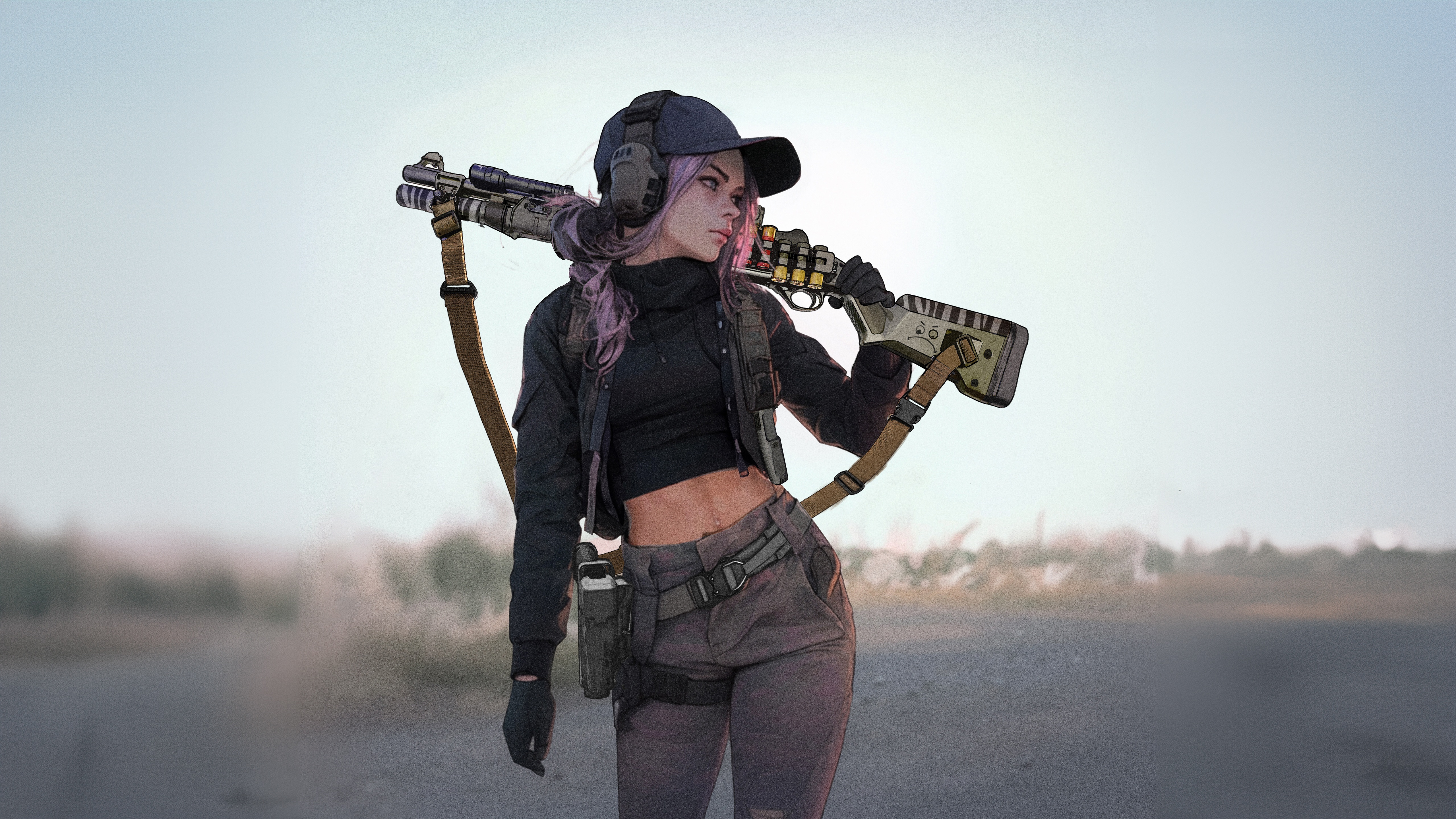 Woman with shotgun and purple hair HD Wallpaper