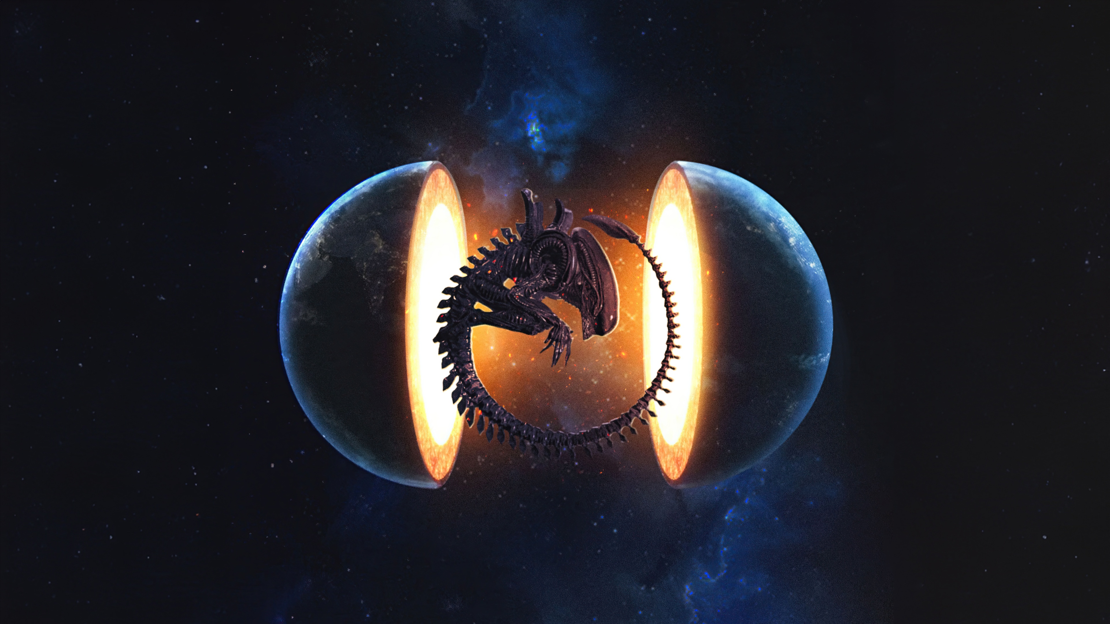 Alien Xenomorph Emerging from a Cracked Planet HD Wallpaper