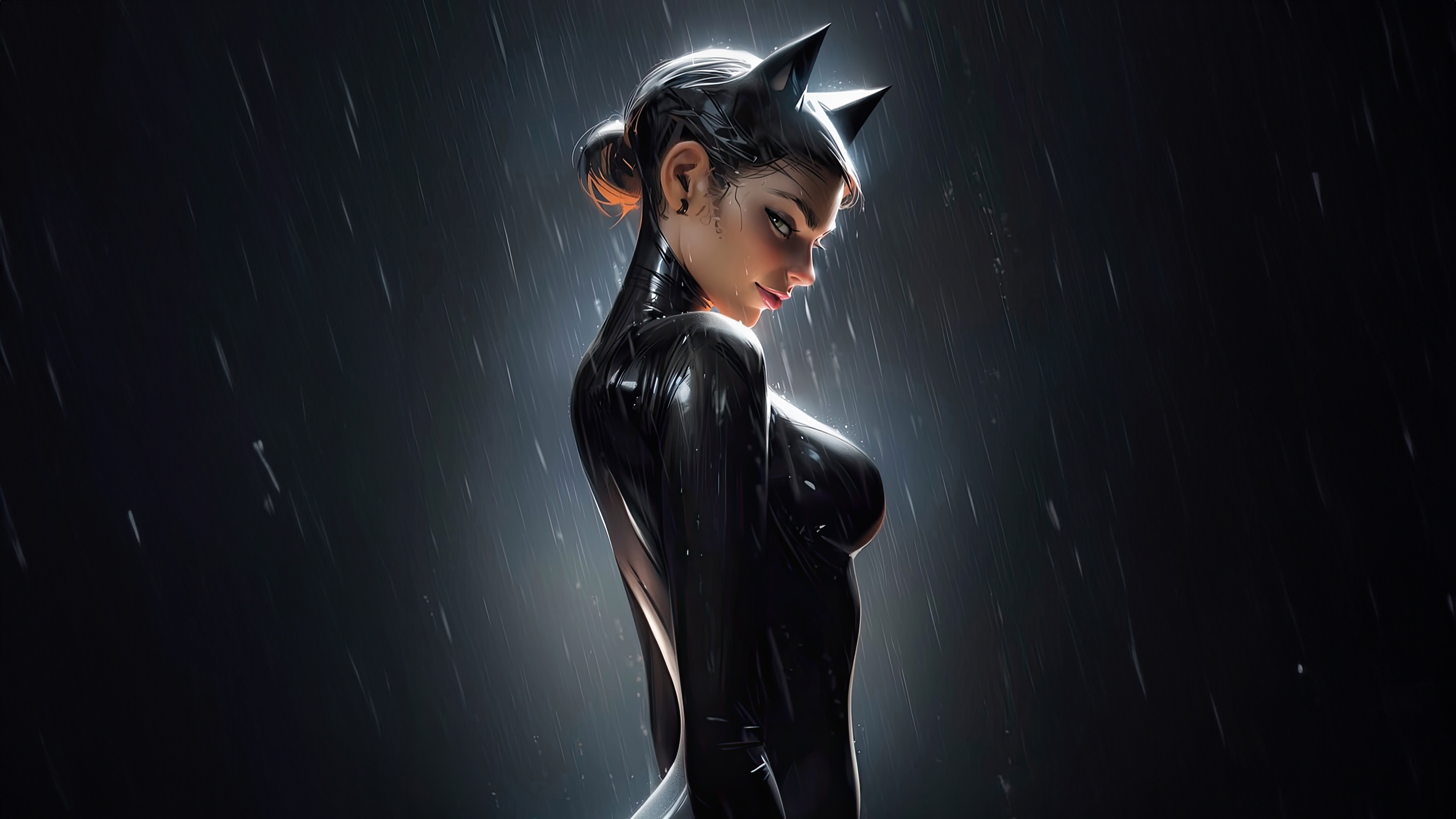 Catwoman in a black suit in the rain HD Wallpaper