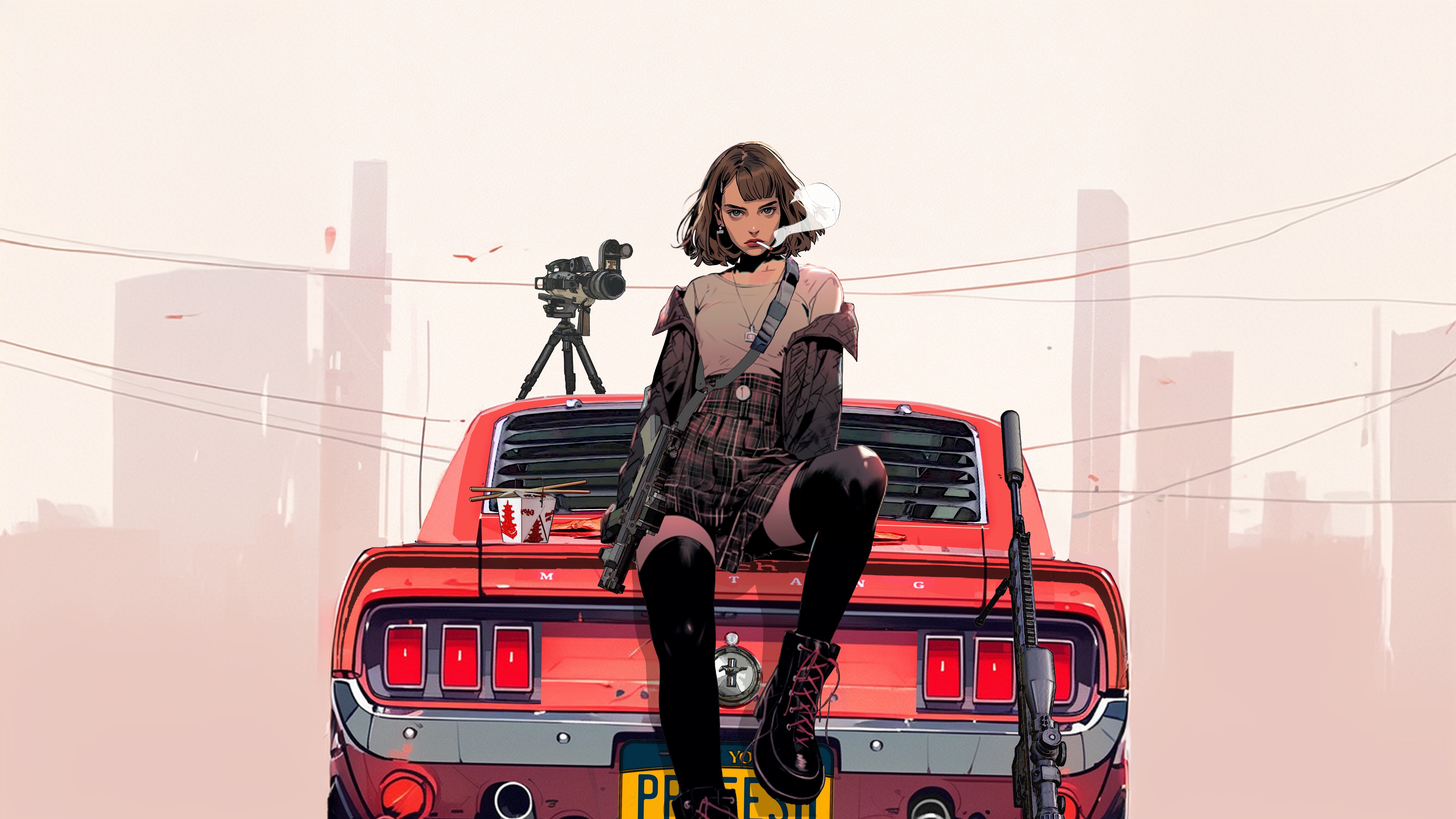 Matilda sitting on a red car with guns HD Wallpaper