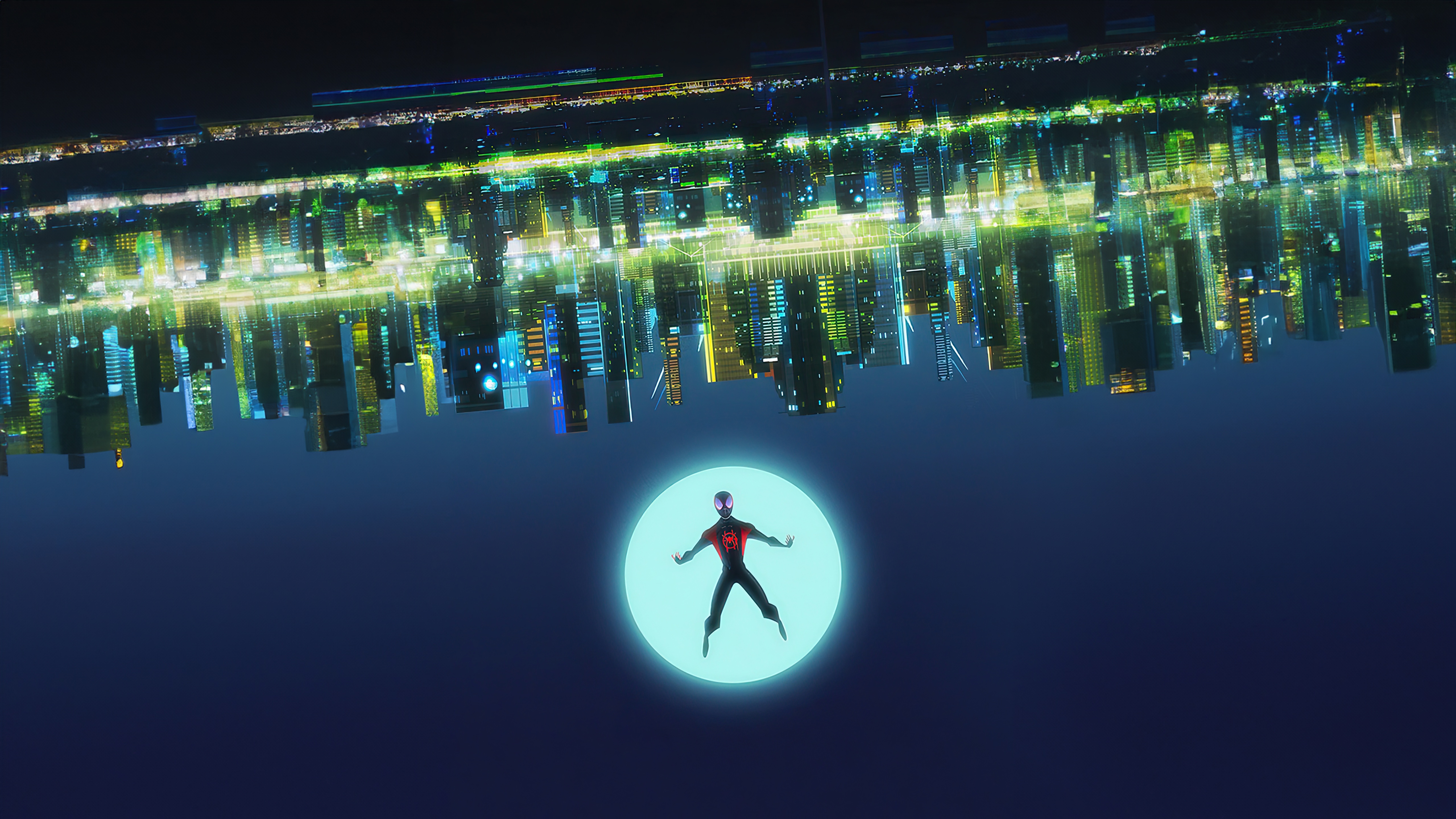 Miles Morales in a glowing circle above a city HD Wallpaper