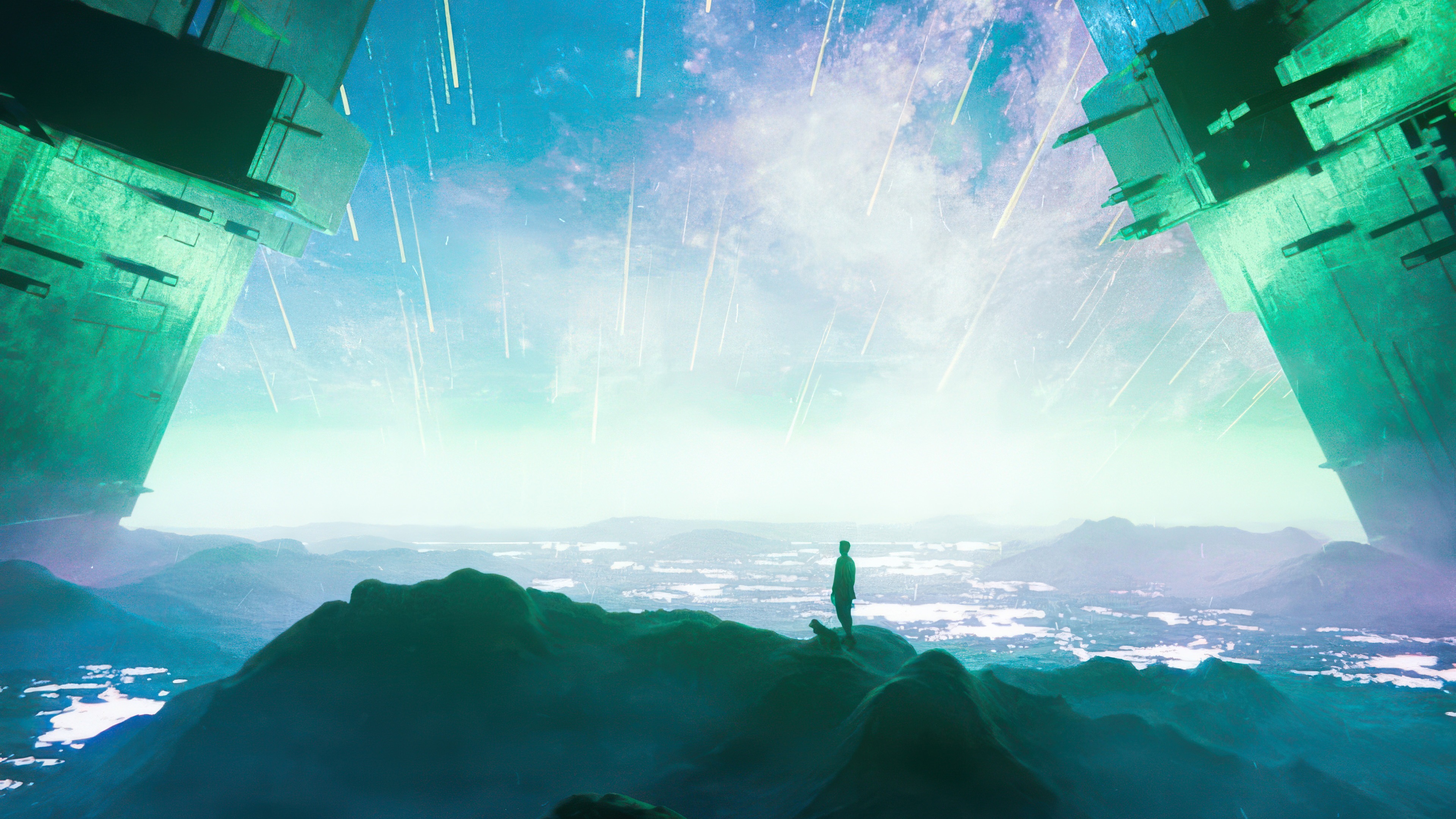 Man Standing on Mountain Under Alien Structures HD Wallpaper