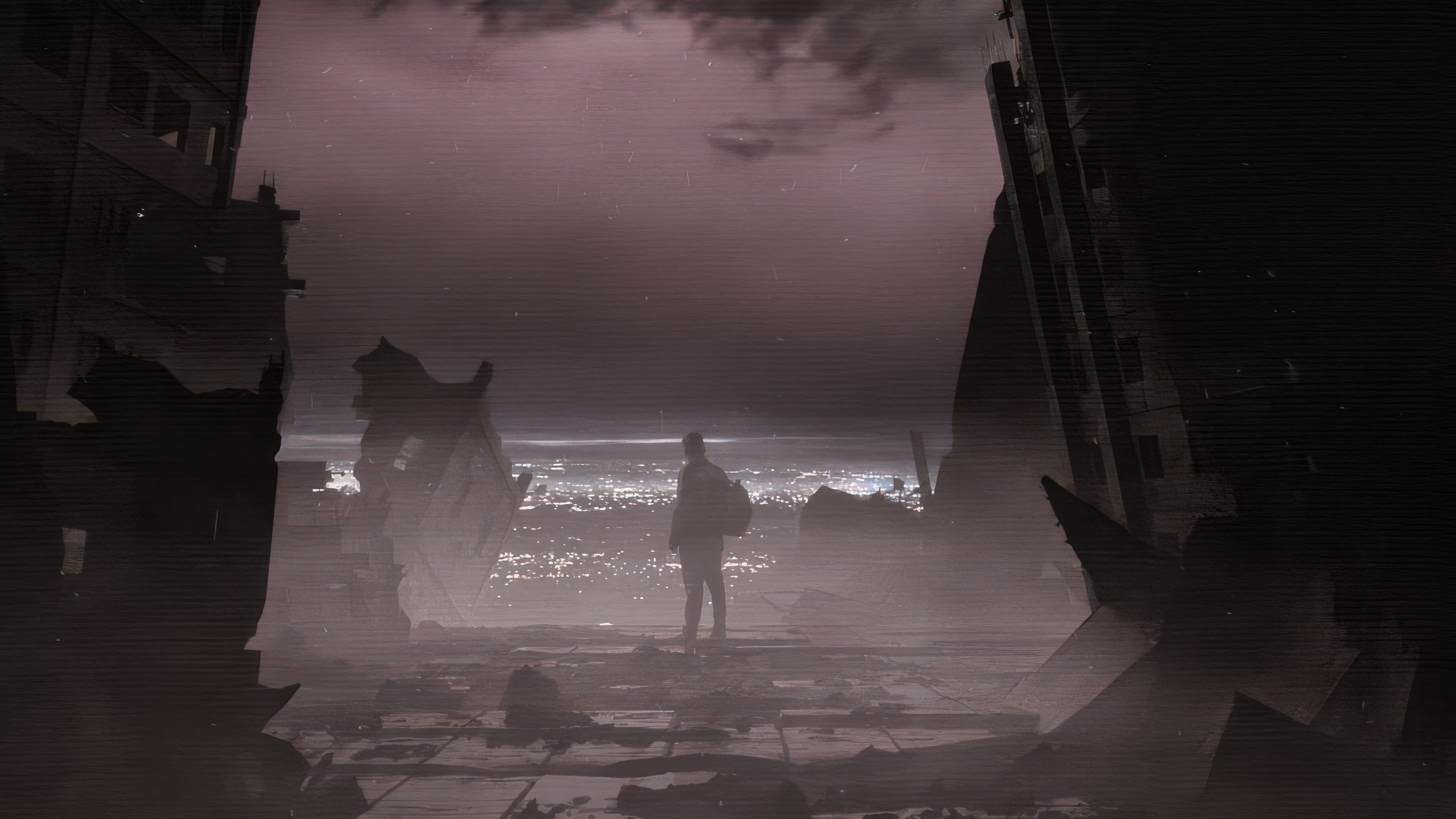 The Lonely Wanderer in a Ruined City HD Wallpaper