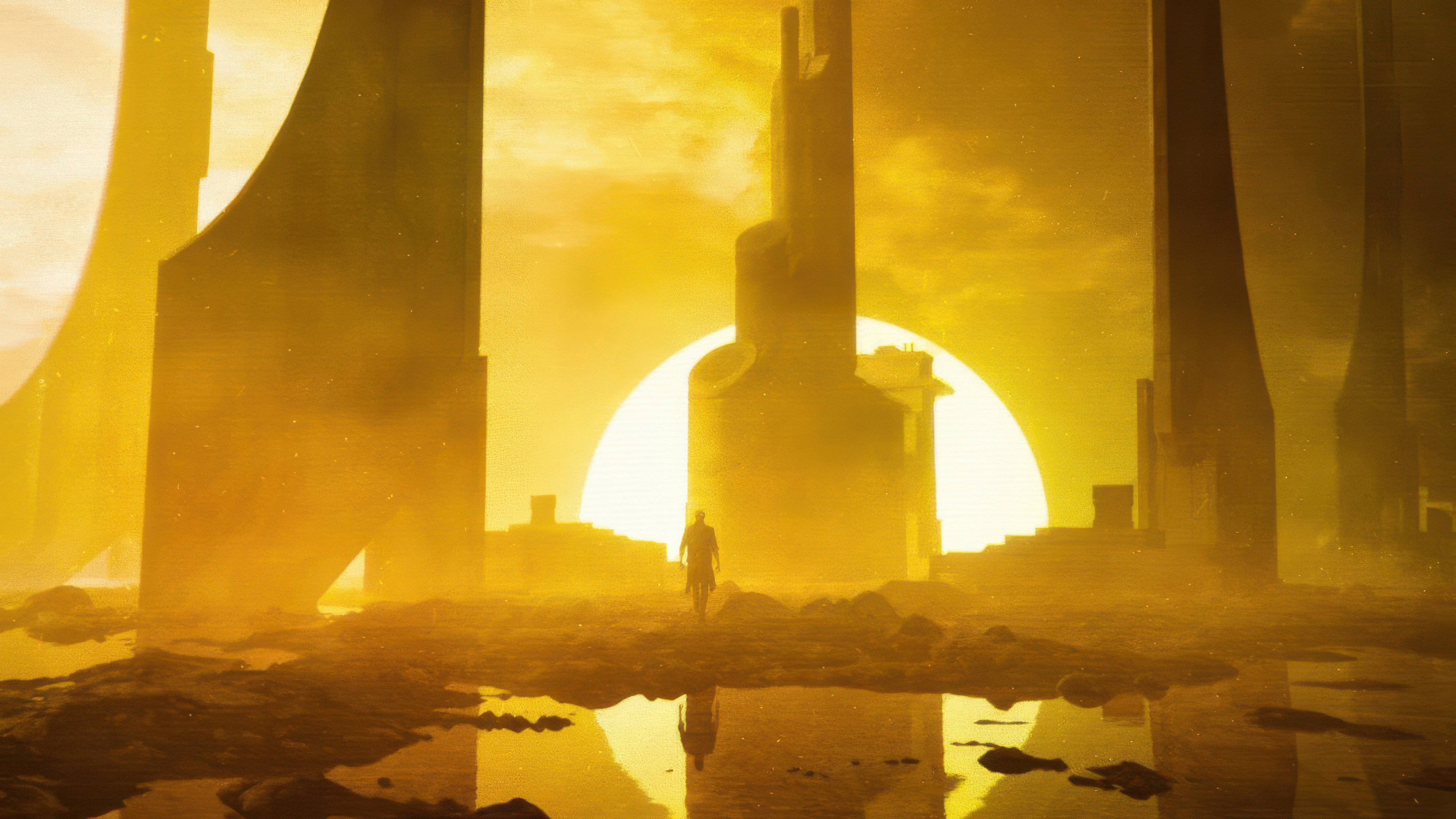 A lone figure walks through a desolate alien landscape. HD Wallpaper