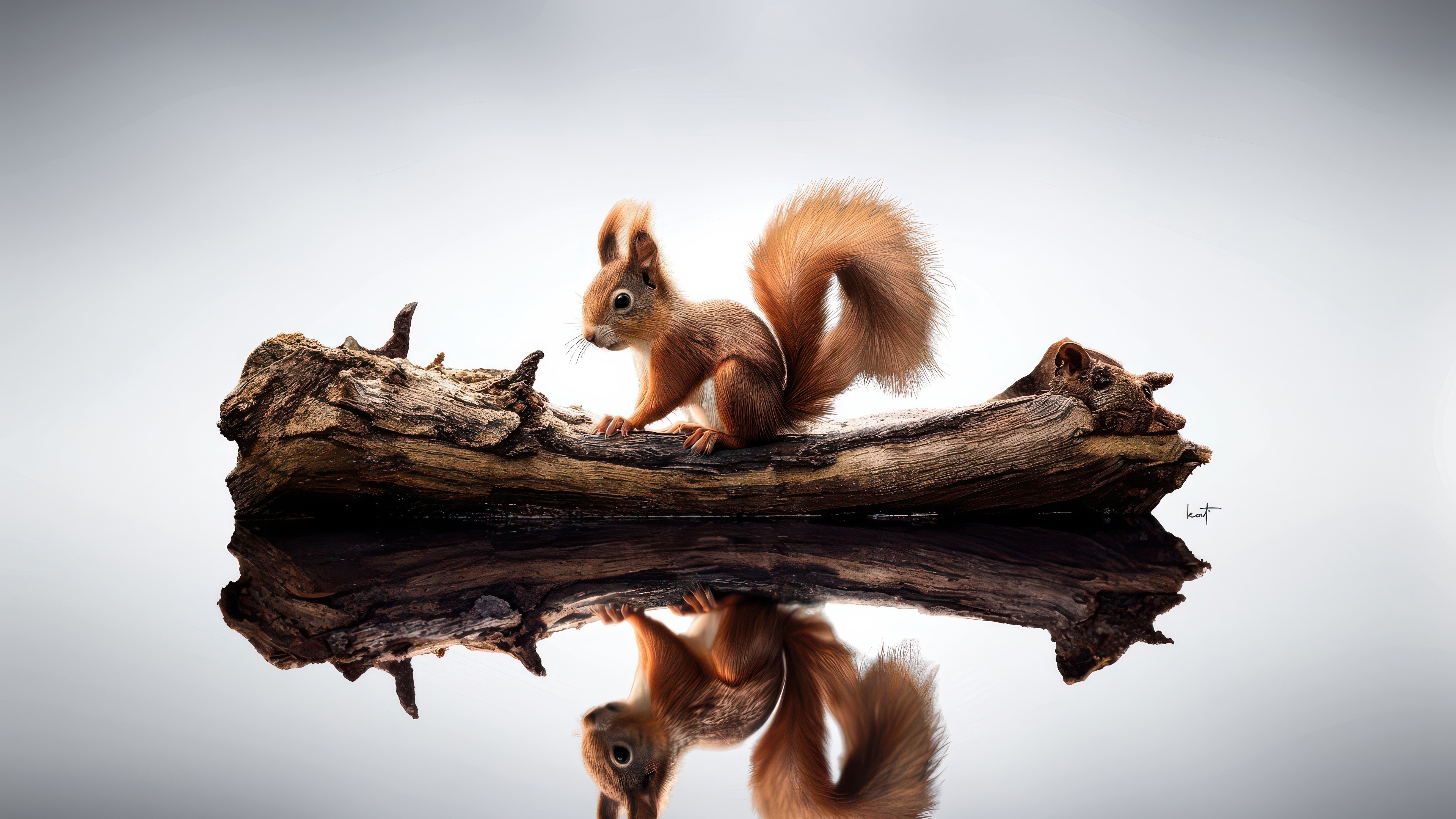 Red squirrel on a log reflected in water HD Wallpaper