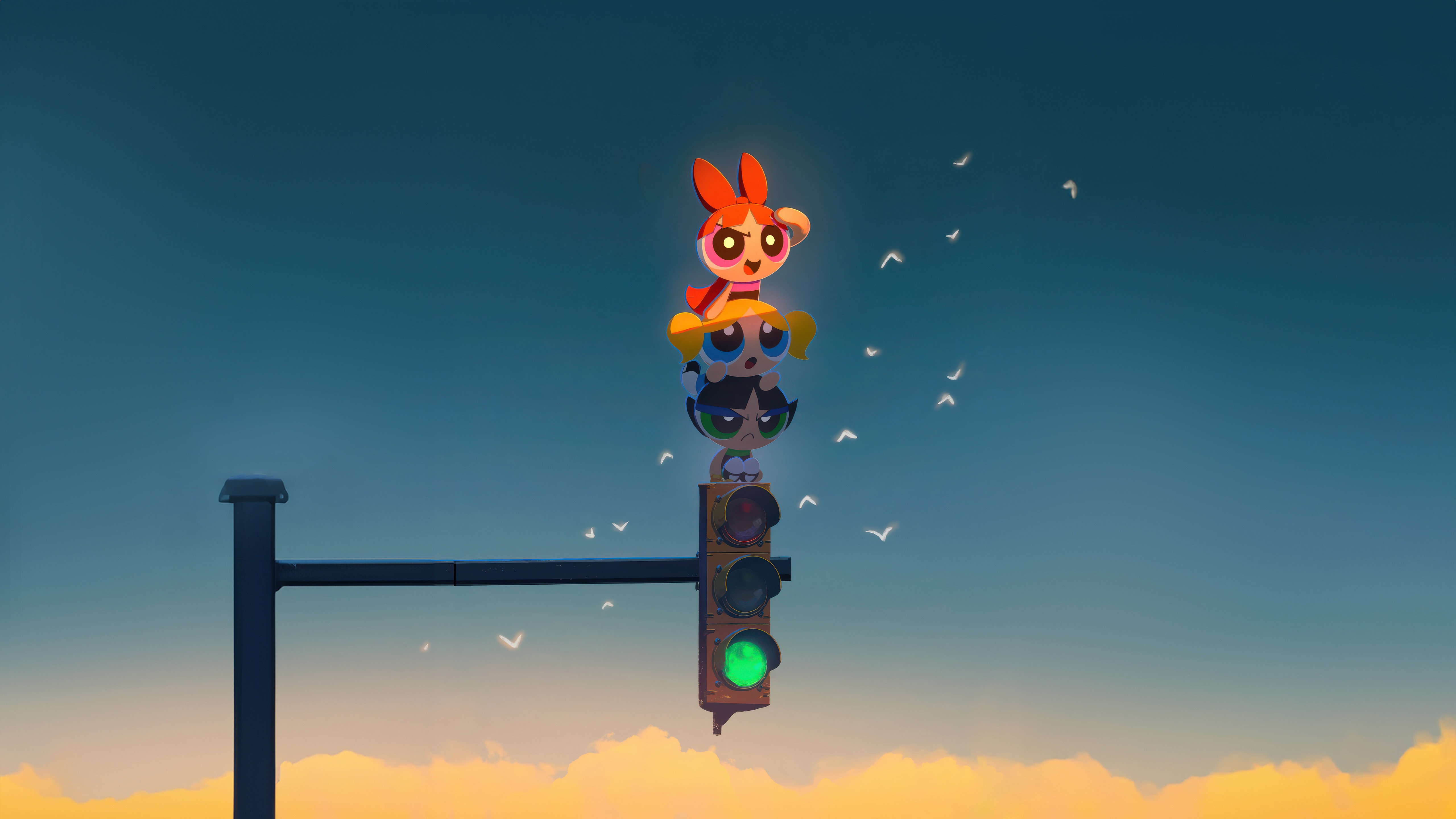 The Powerpuff Girls Stacked on a Traffic Light HD Wallpaper