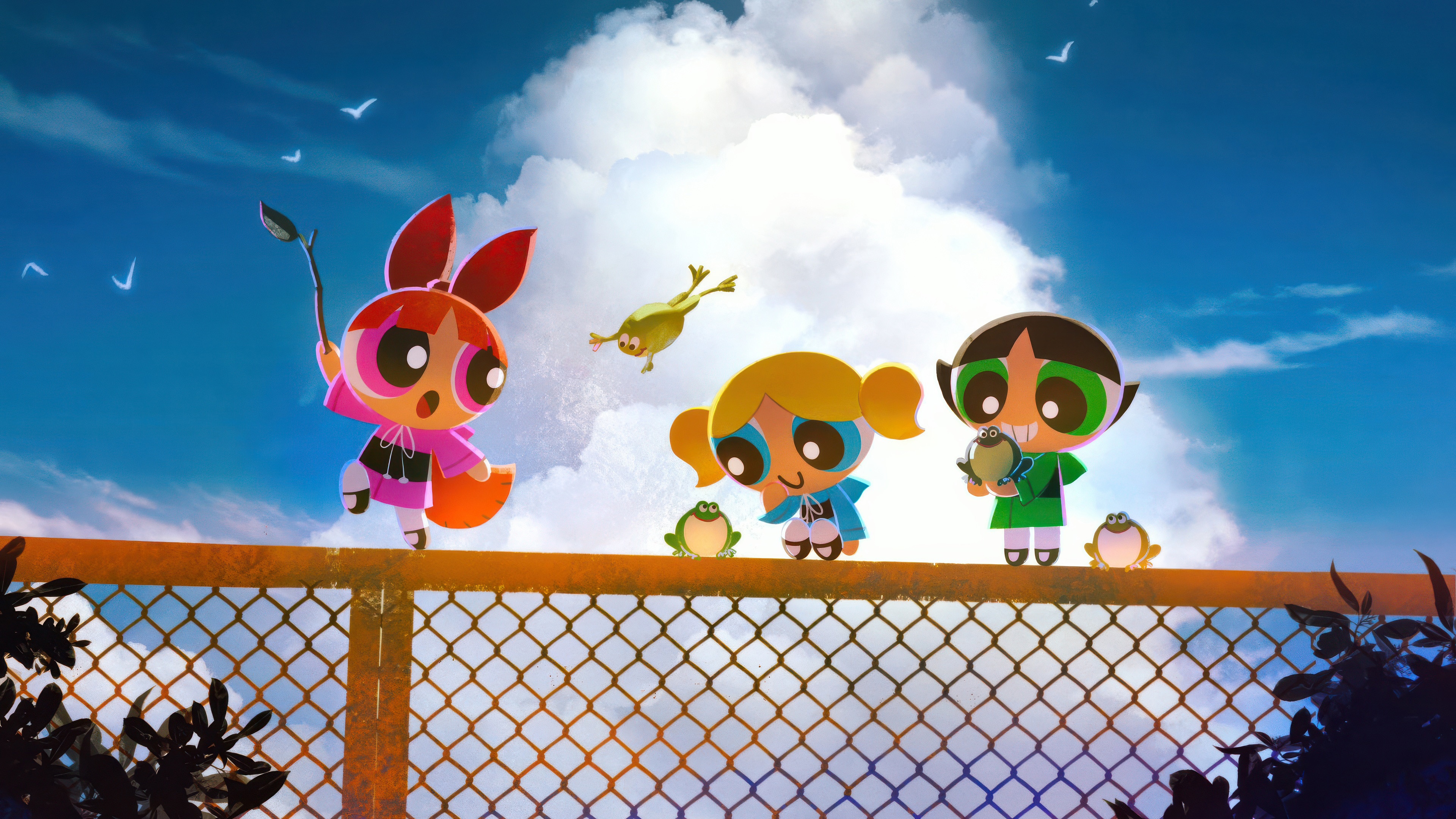 The Powerpuff Girls with Frogs on a Fence HD Wallpaper