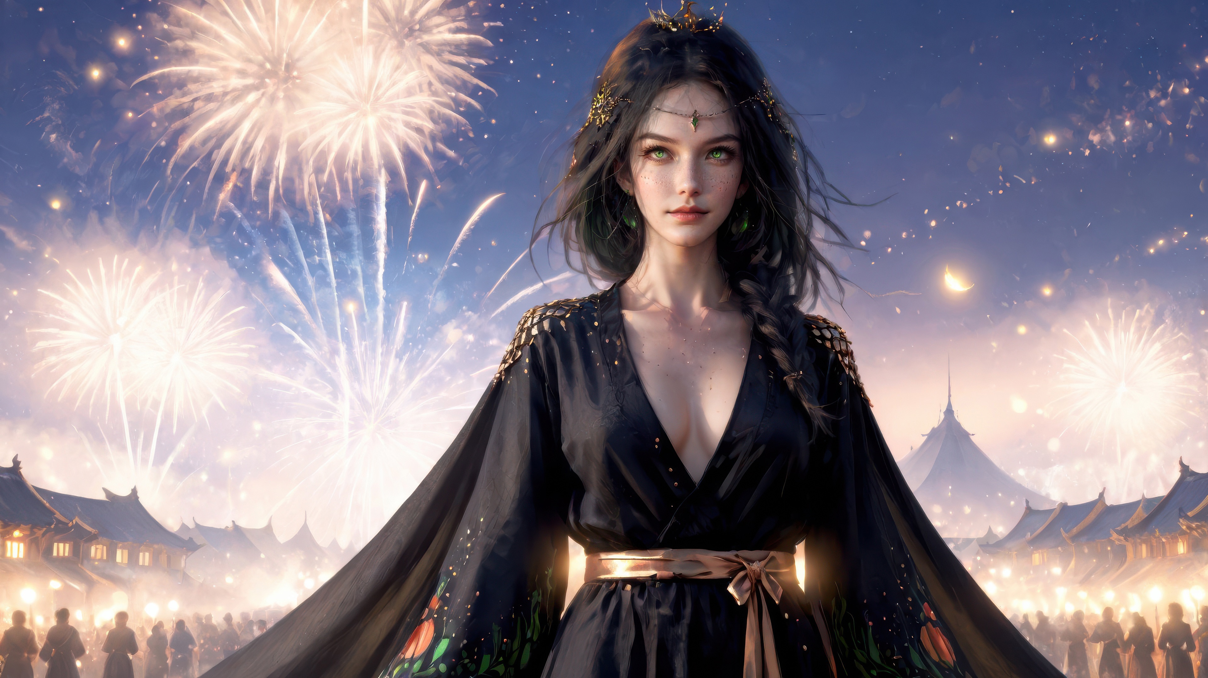 Girl of the Festival with Fireworks HD Wallpaper