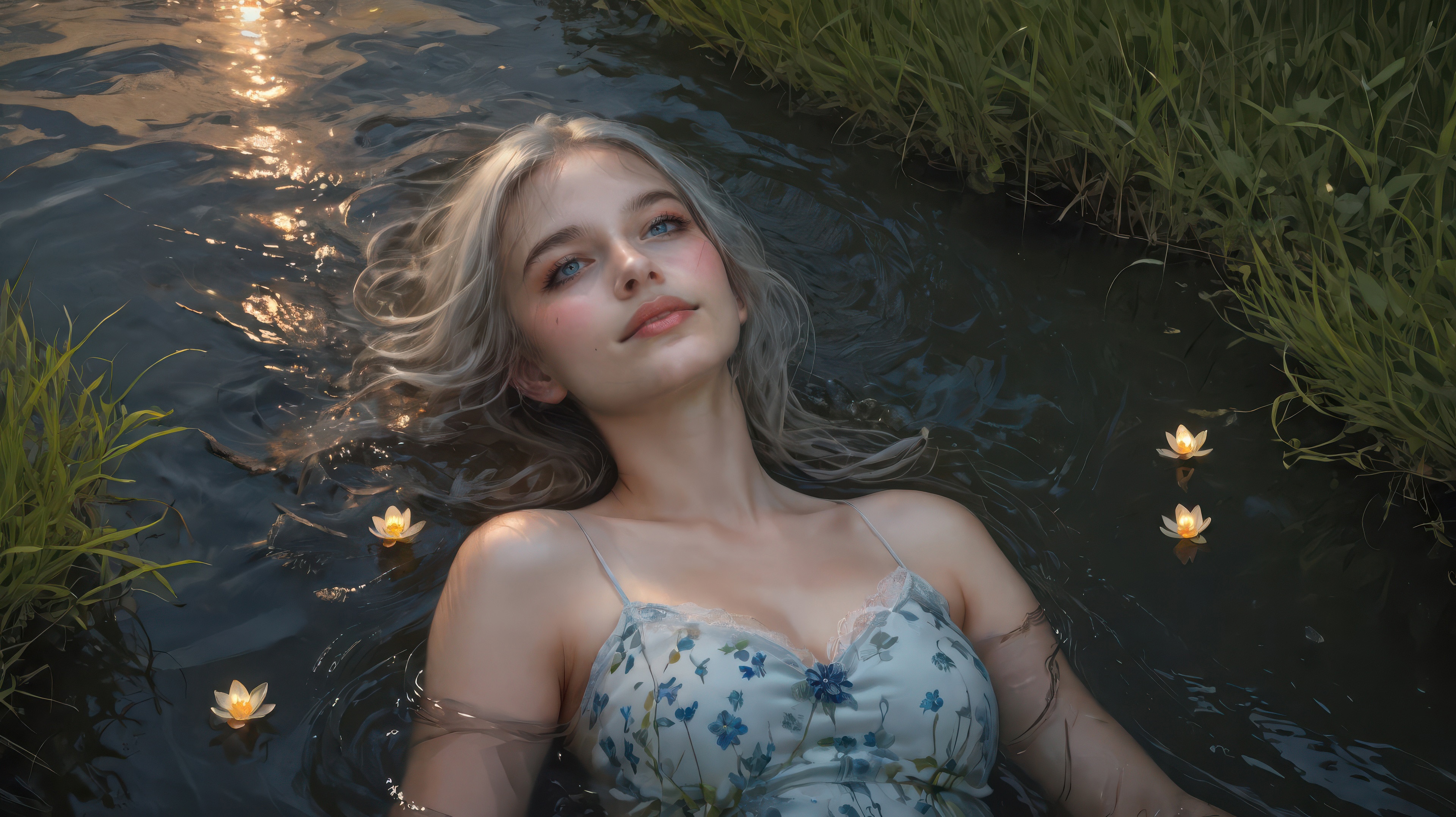Girl Floating Among Water Lilies HD Wallpaper