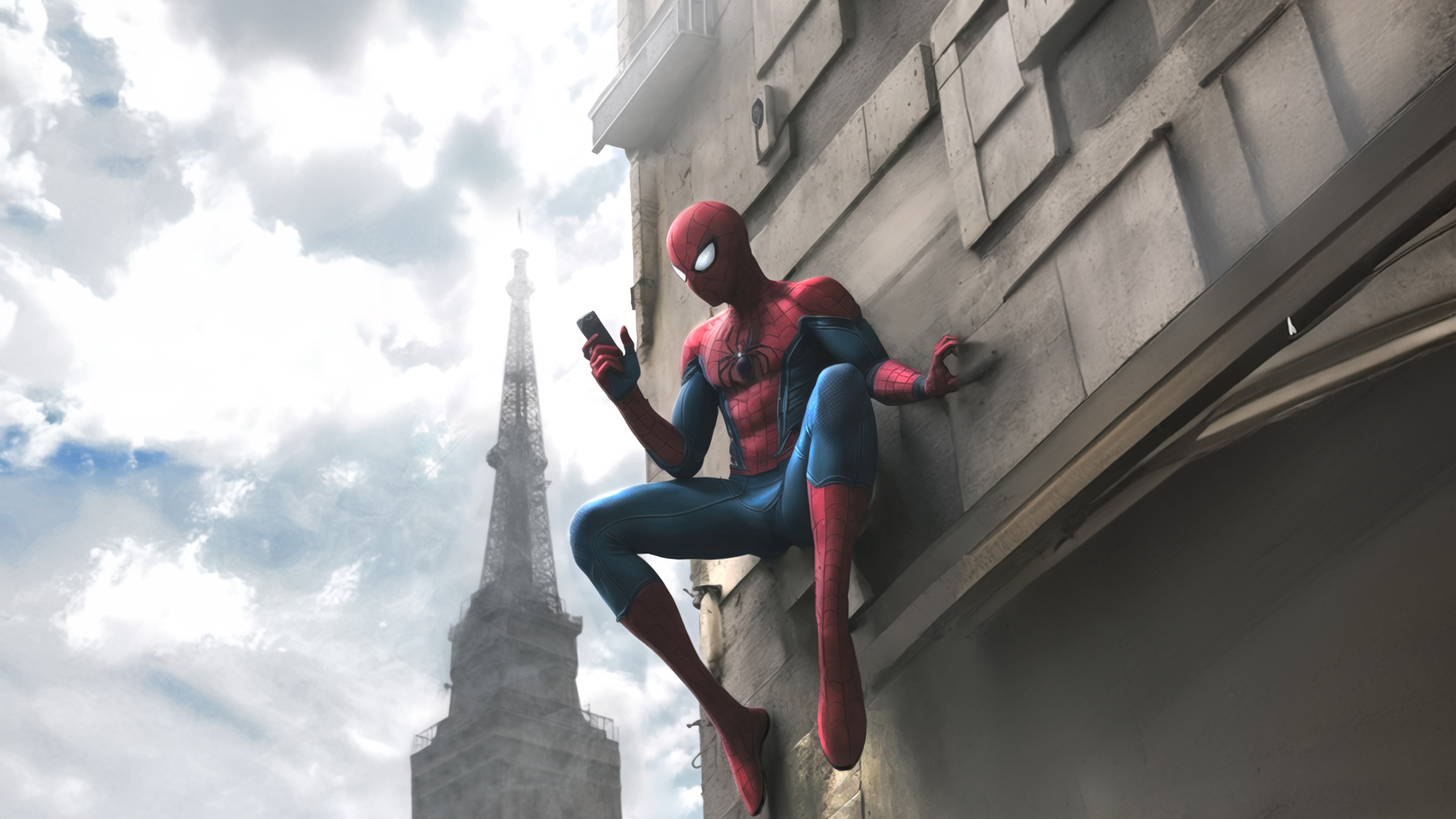 Spiderman on a building with Eiffel Tower HD Wallpaper
