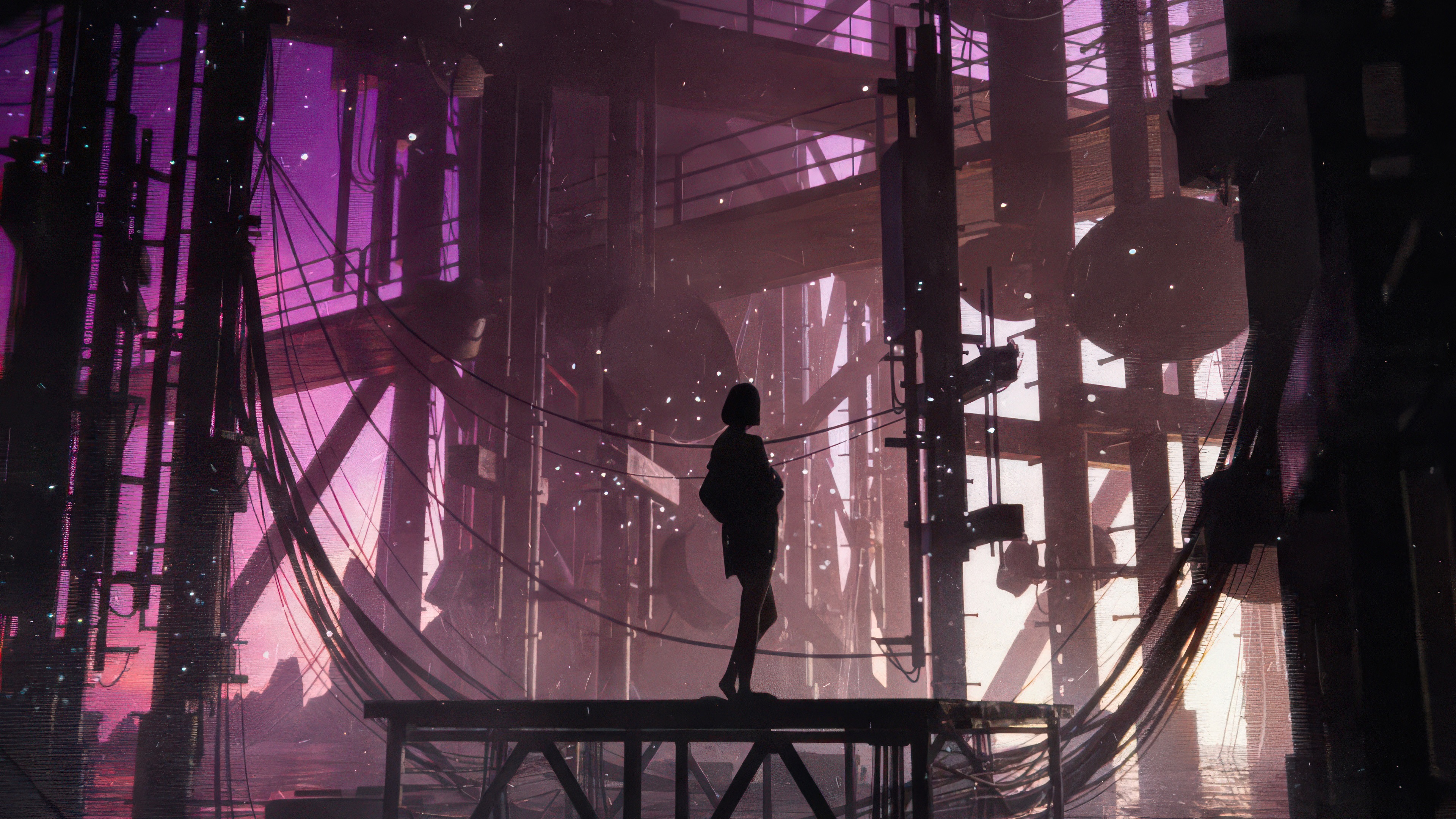 Silhouette of a person standing on a platform in a futuristic industrial zone. HD Wallpaper