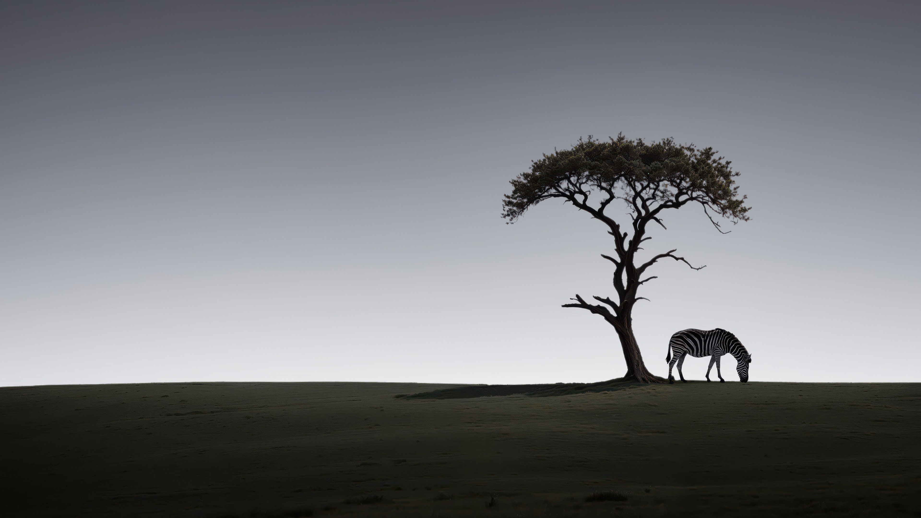 Zebra grazing under a tree at twilight HD Wallpaper