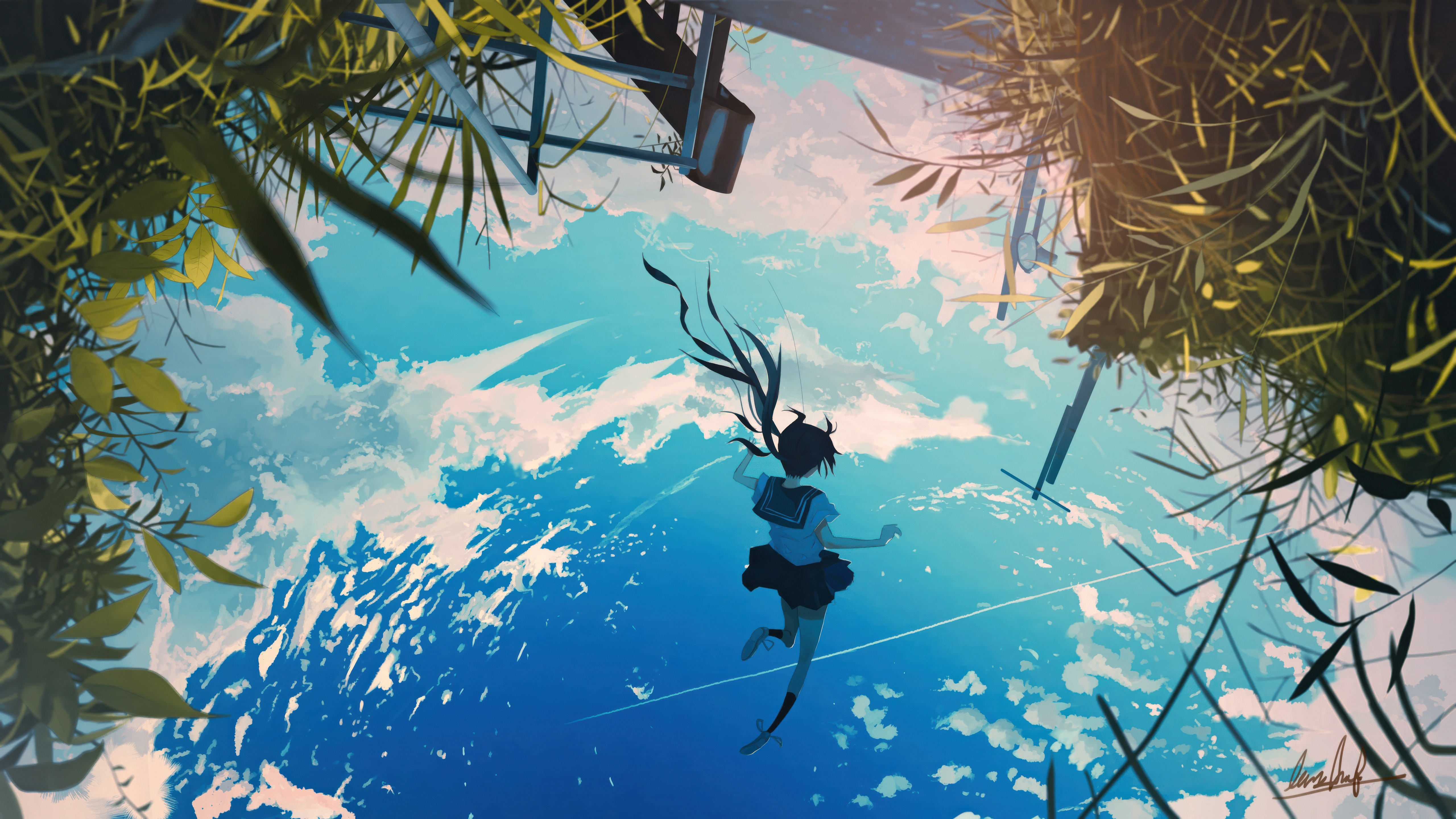 Anime girl falling through the sky HD Wallpaper