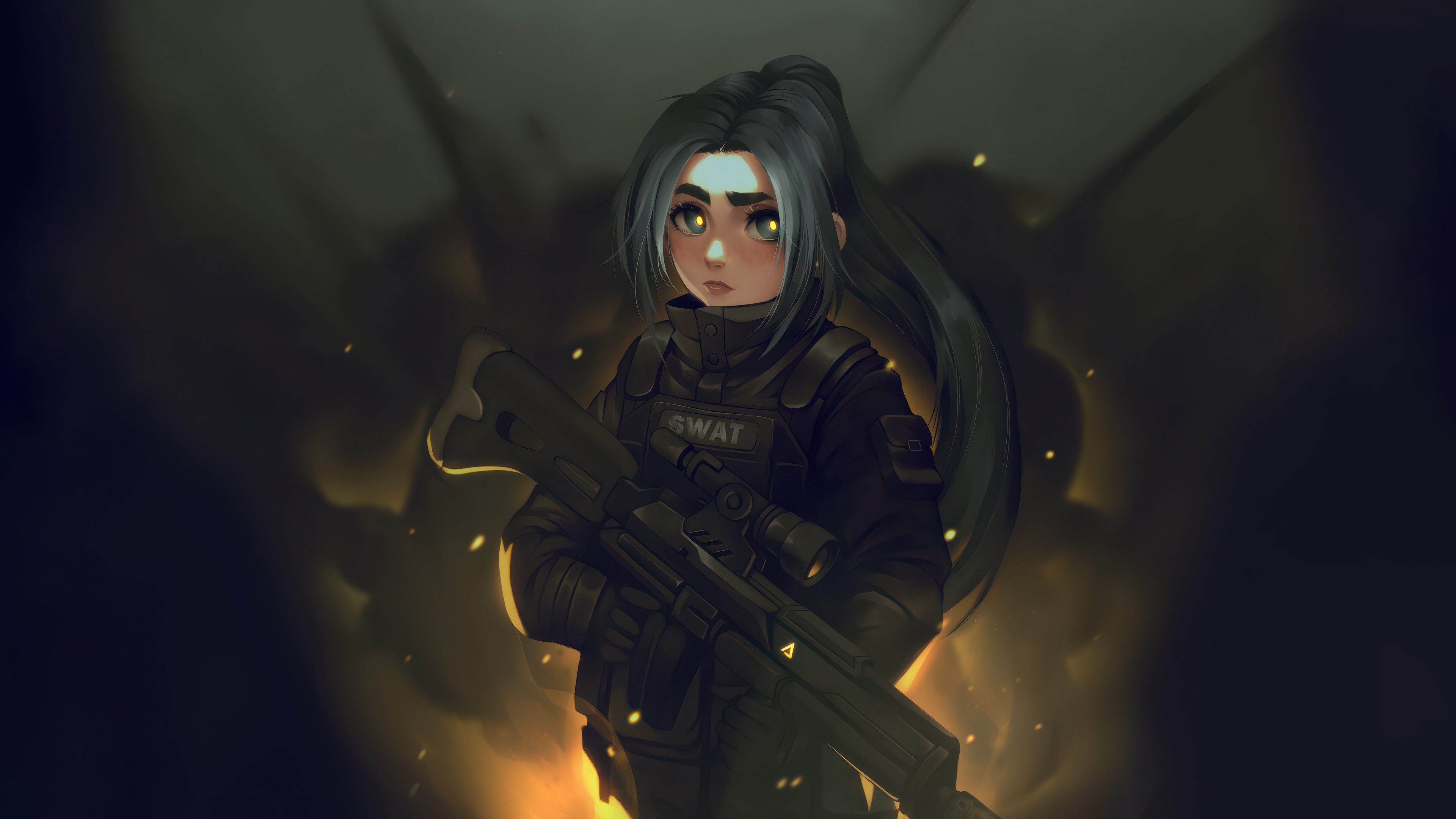 Girl in SWAT gear holding a sniper rifle HD Wallpaper
