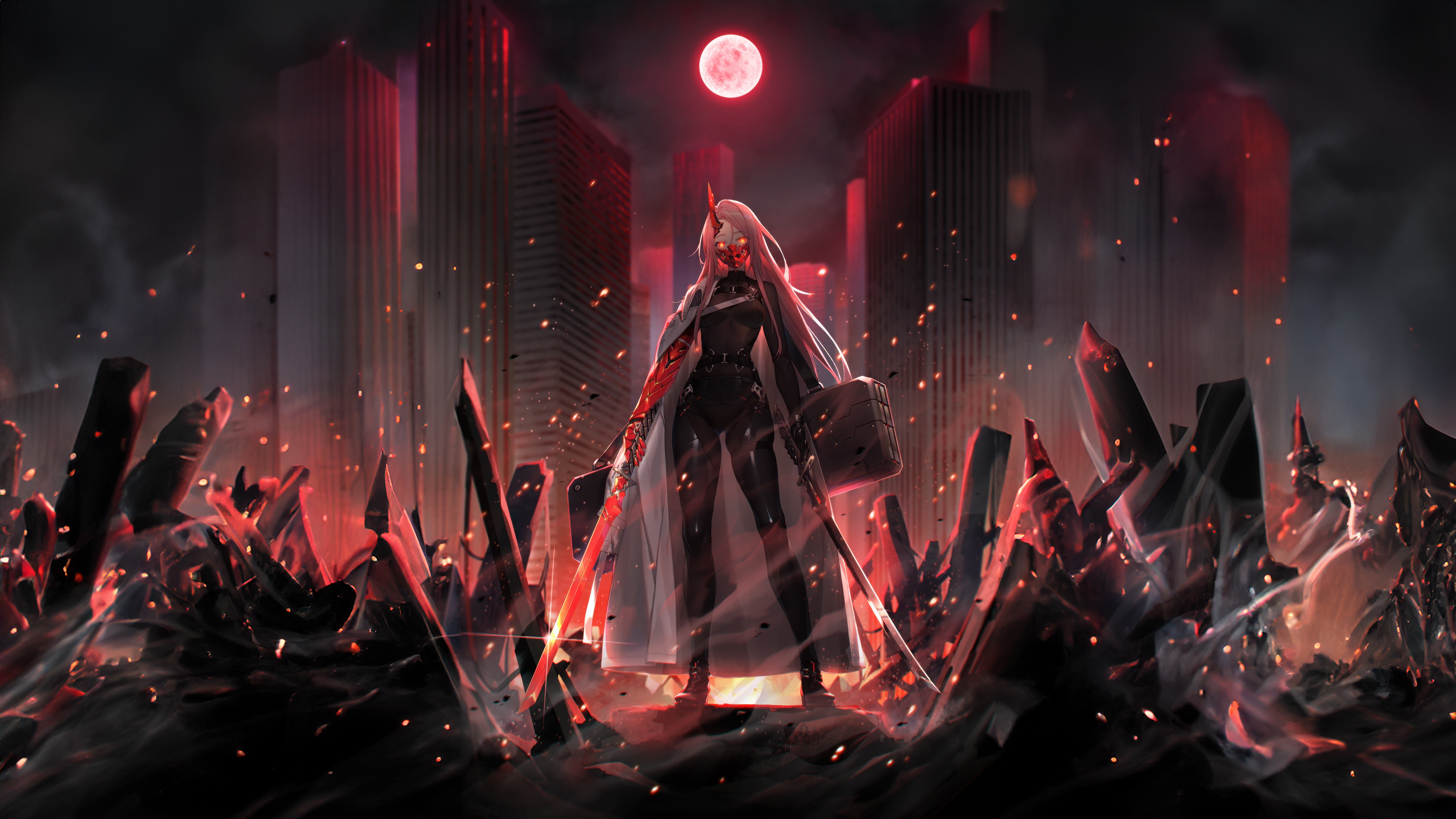 Red Demon in a destroyed city under a red moon HD Wallpaper