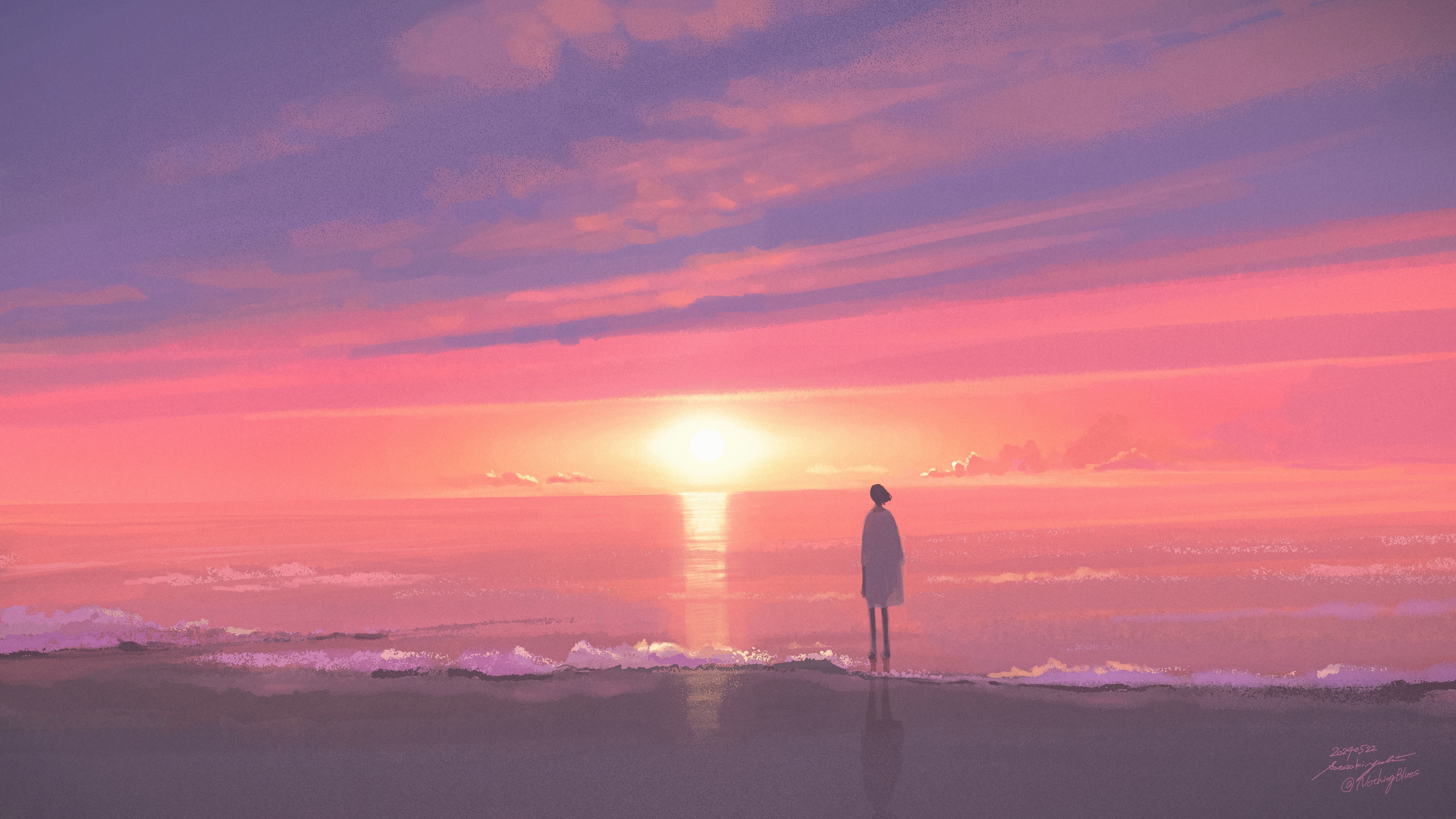 A person stands on a beach at sunset HD Wallpaper