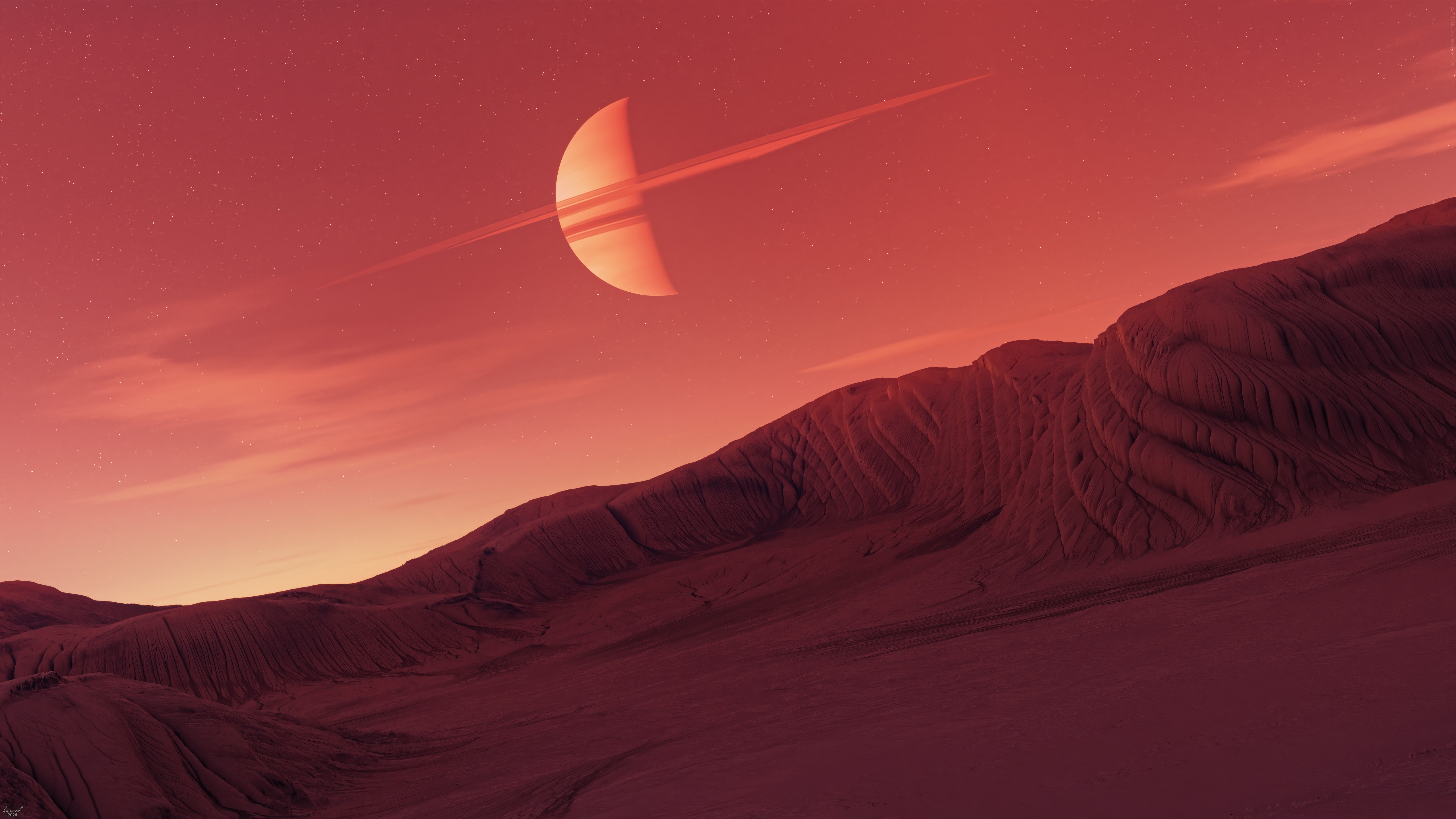 Ringed planet over a red desert landscape HD Wallpaper
