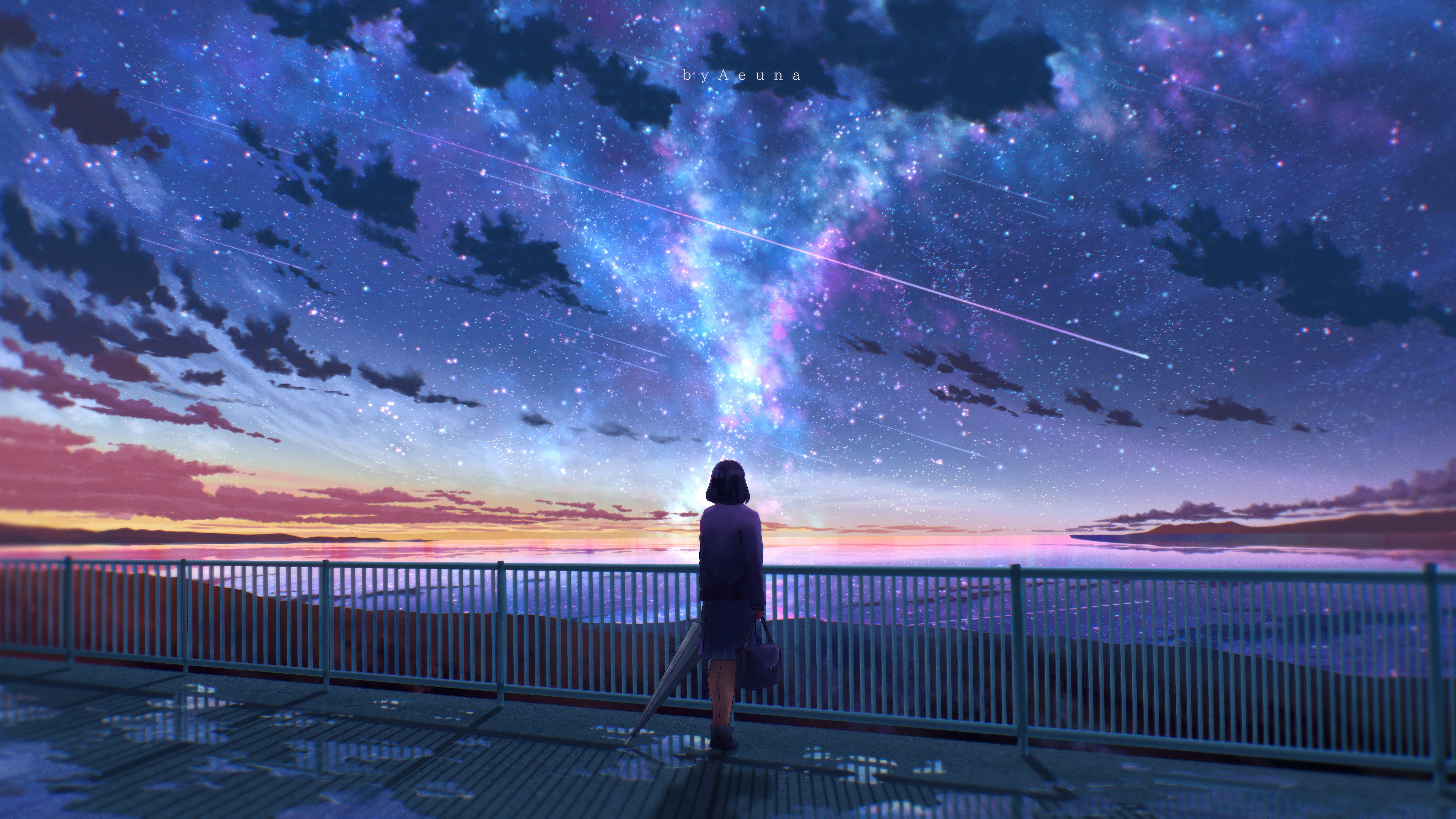 Anime girl watches meteor streak across a starry sky HD Wallpaper