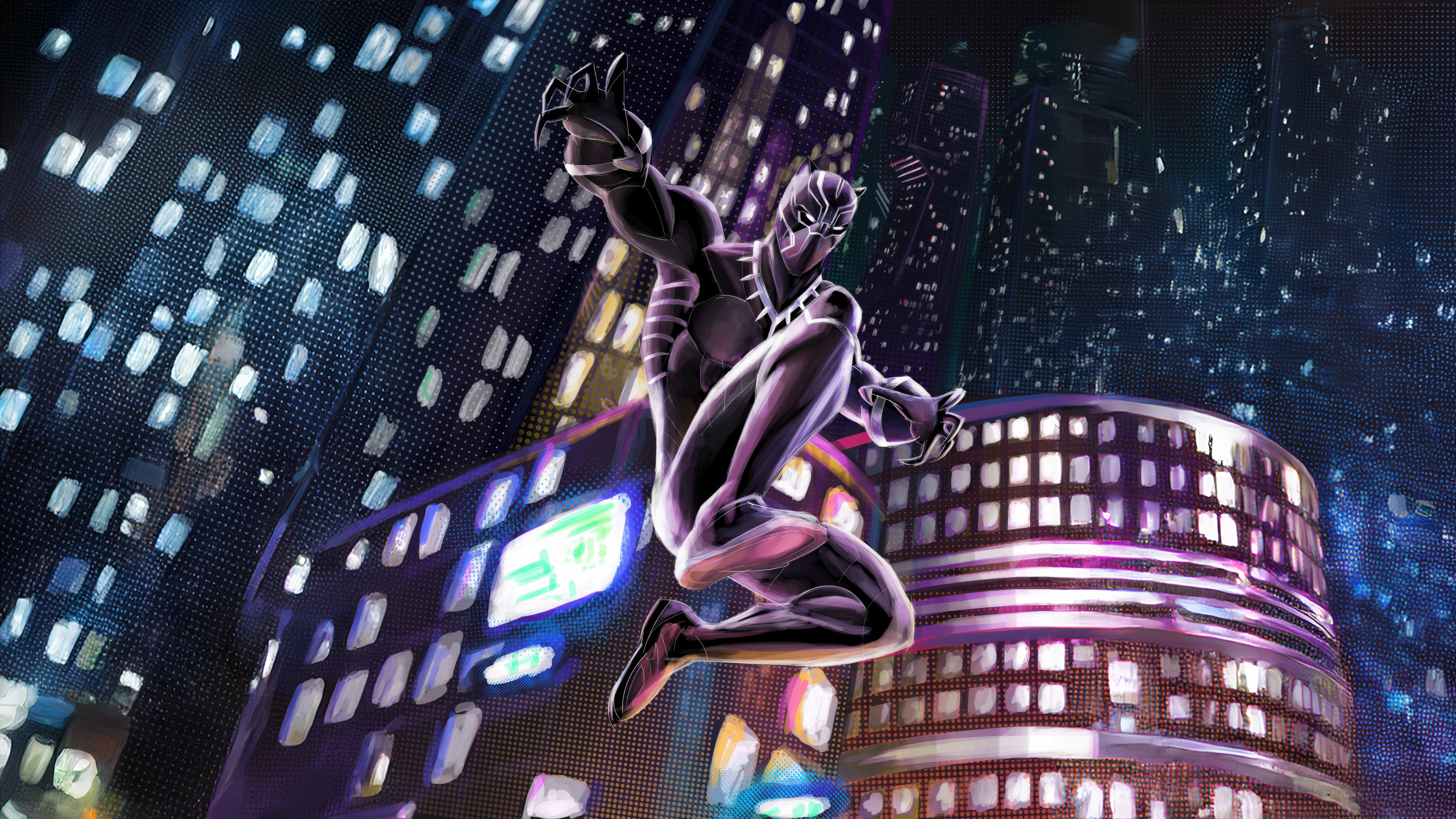 Black Panther leaping in a city at night HD Wallpaper