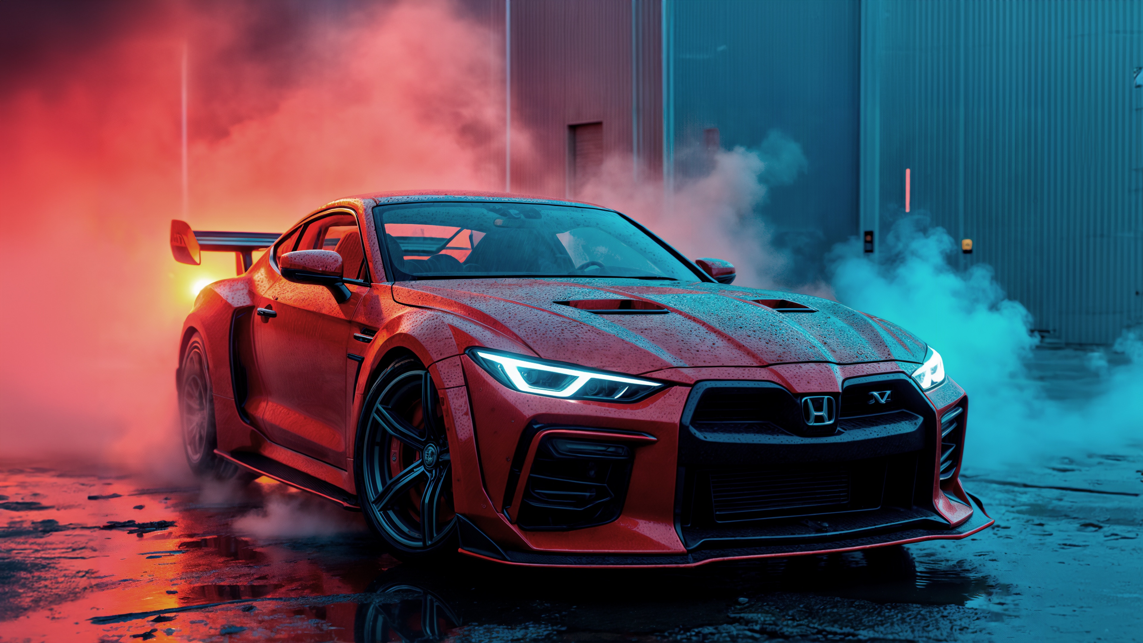 Red Honda Modified Sports Car with Smoke HD Wallpaper