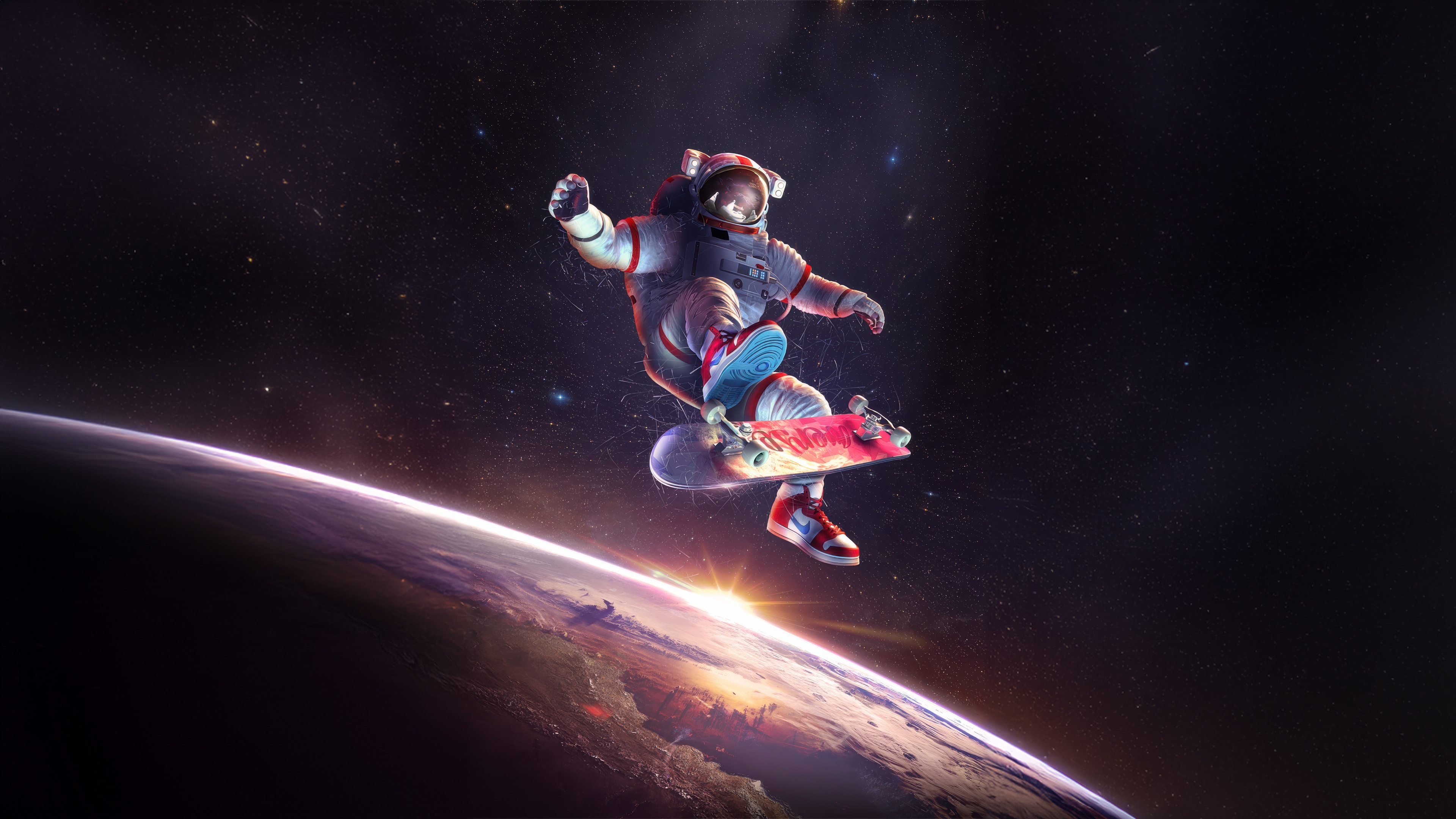 Astronaut skateboarding in space over Earth HD Wallpaper