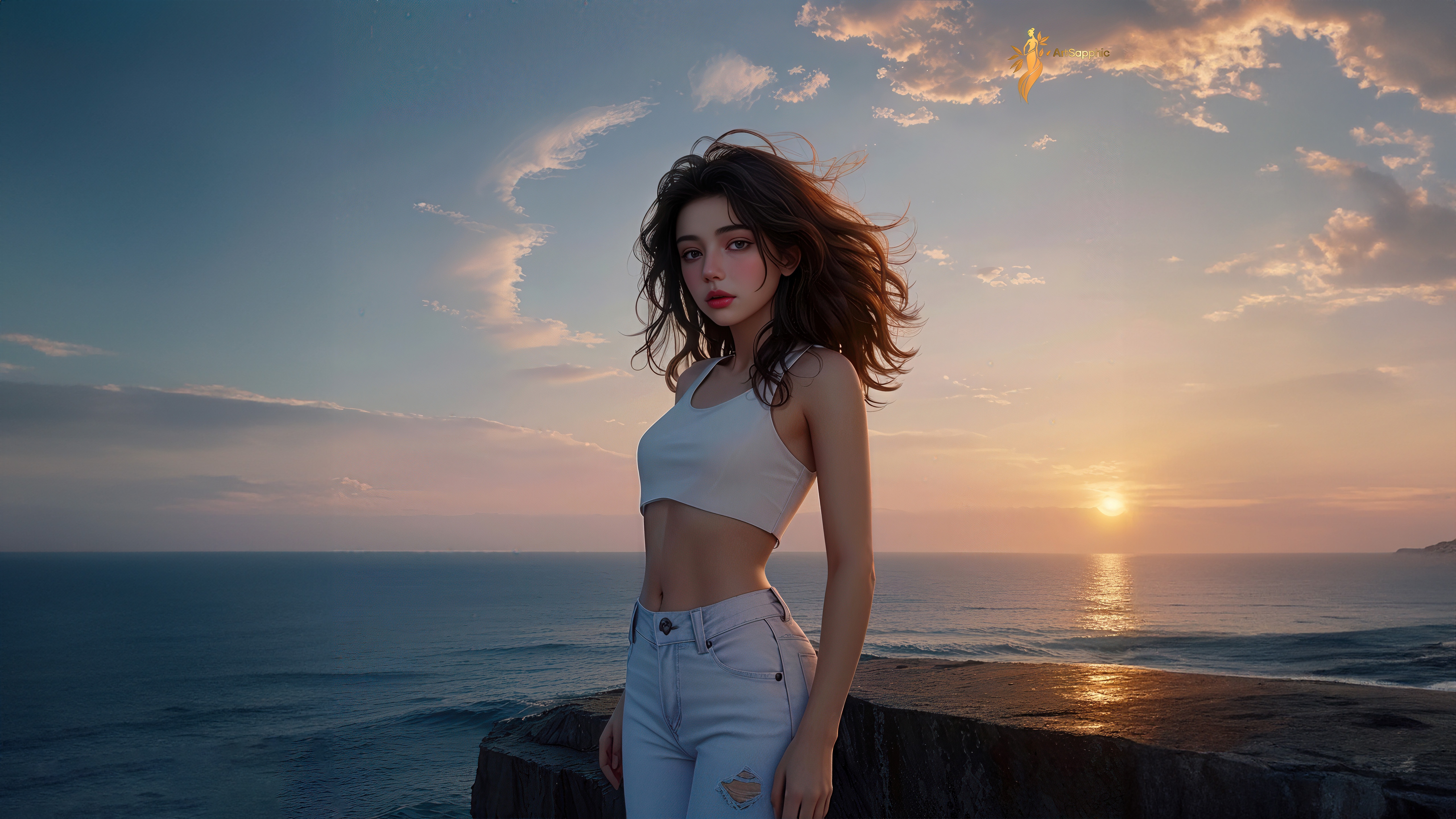 Gorgeous Girl with Wavy Hairs Near the Ocean HD Wallpaper