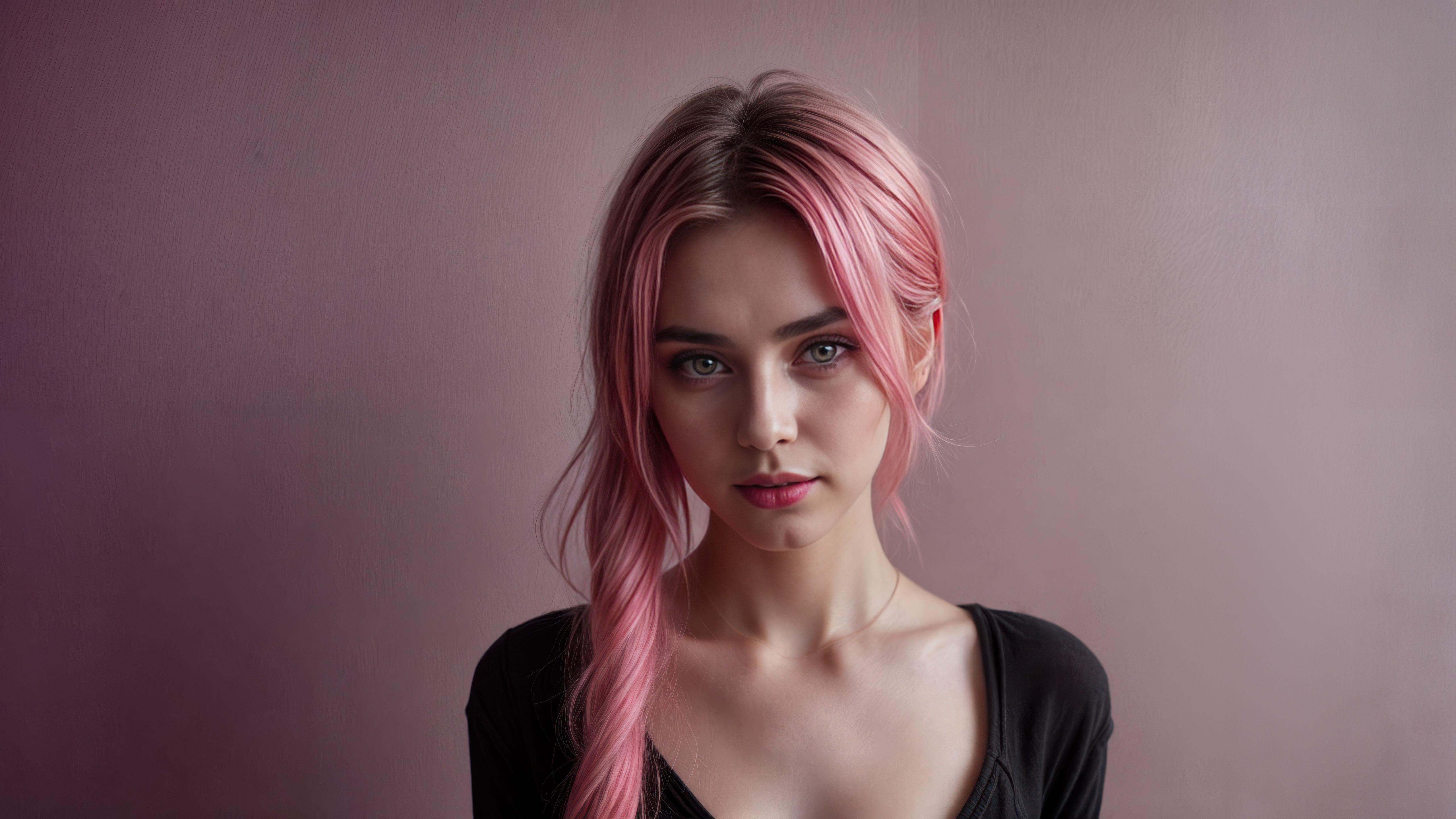 Young woman with pink hair in a black shirt HD Wallpaper