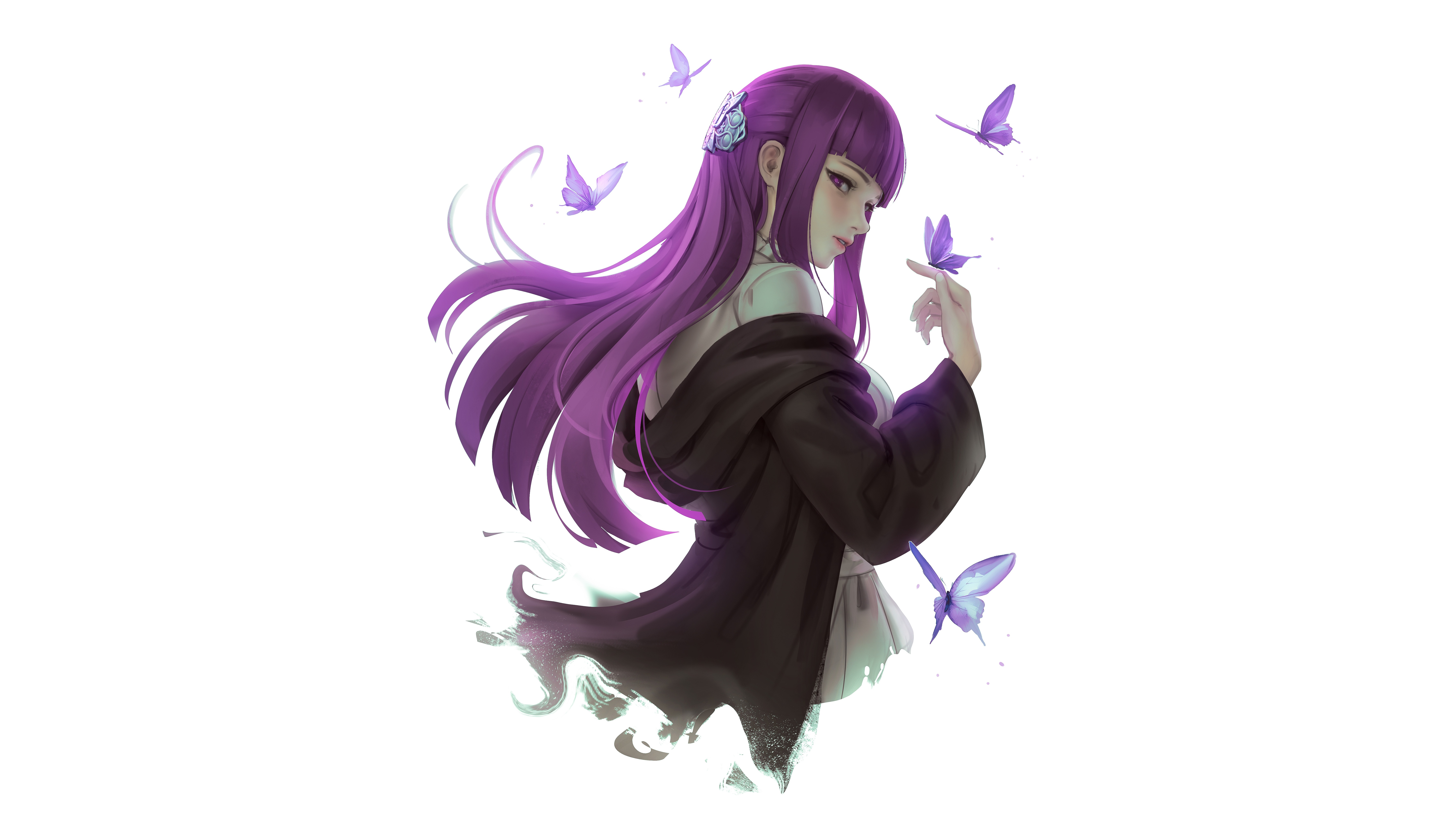 Frieren with Purple Hair and Butterflies HD Wallpaper