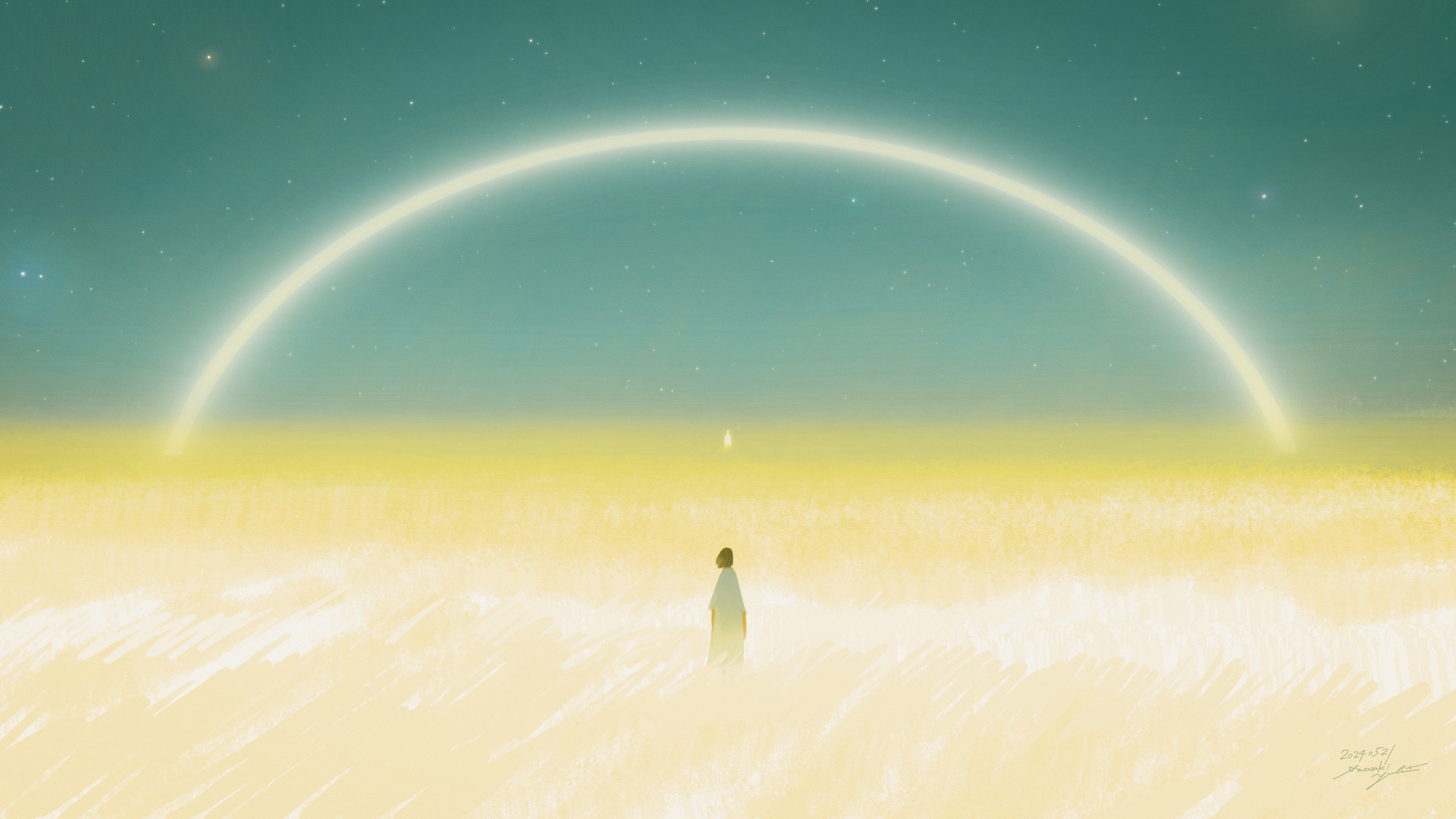 A person stands in a field under a glowing arc HD Wallpaper