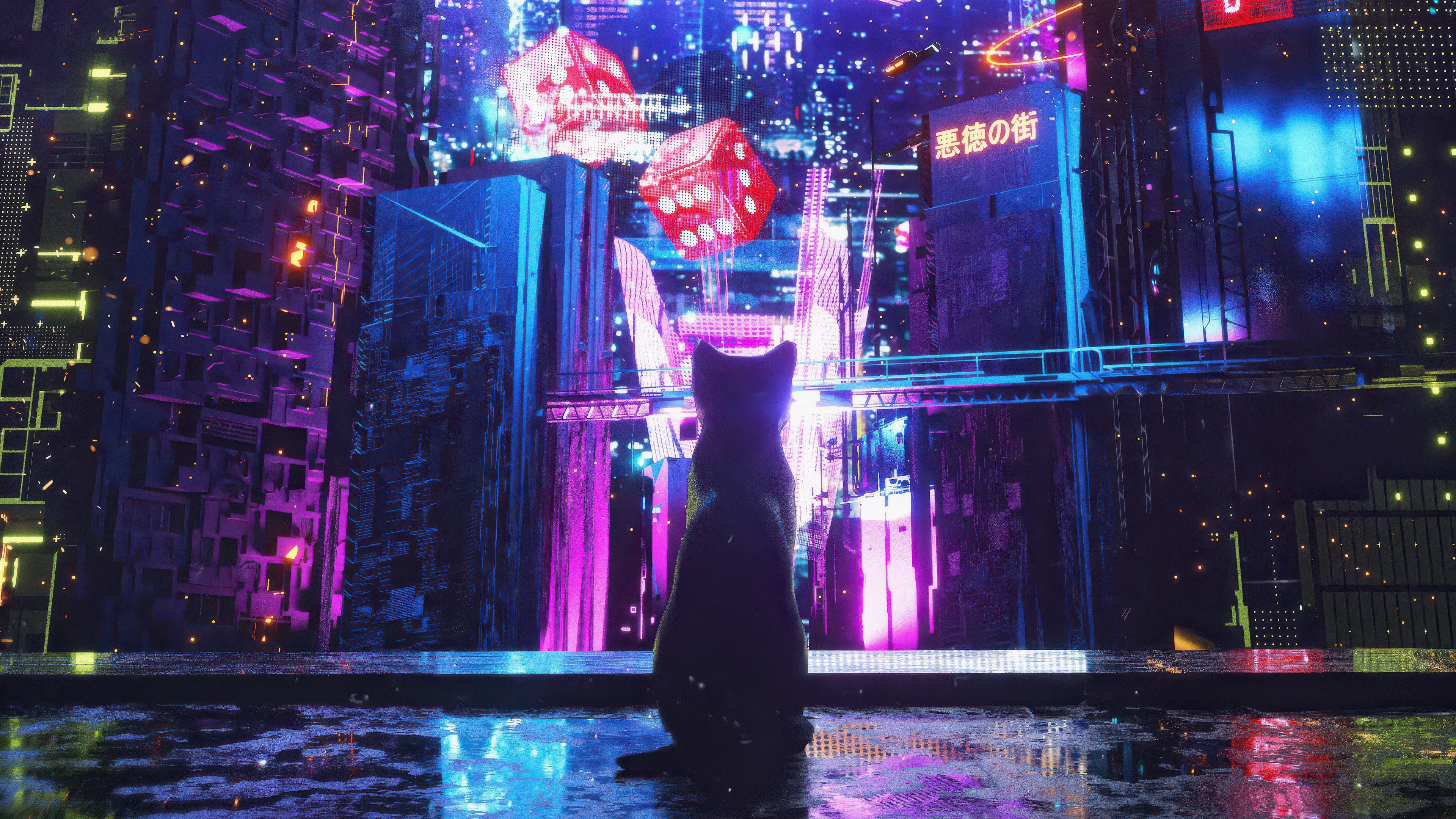 Black cat in a neon-lit cyberpunk city with dice HD Wallpaper