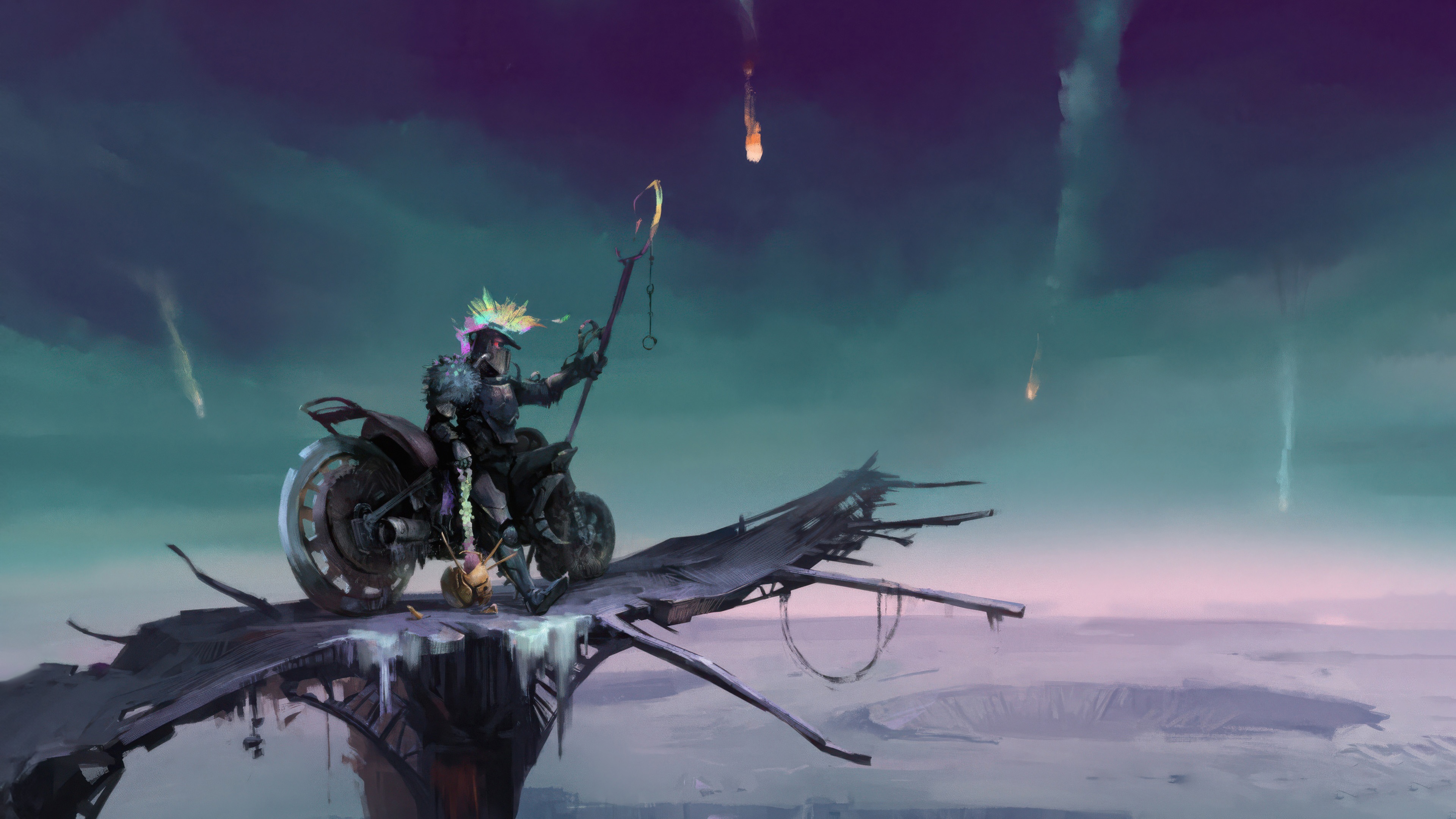 Biker on a platform with meteors falling HD Wallpaper