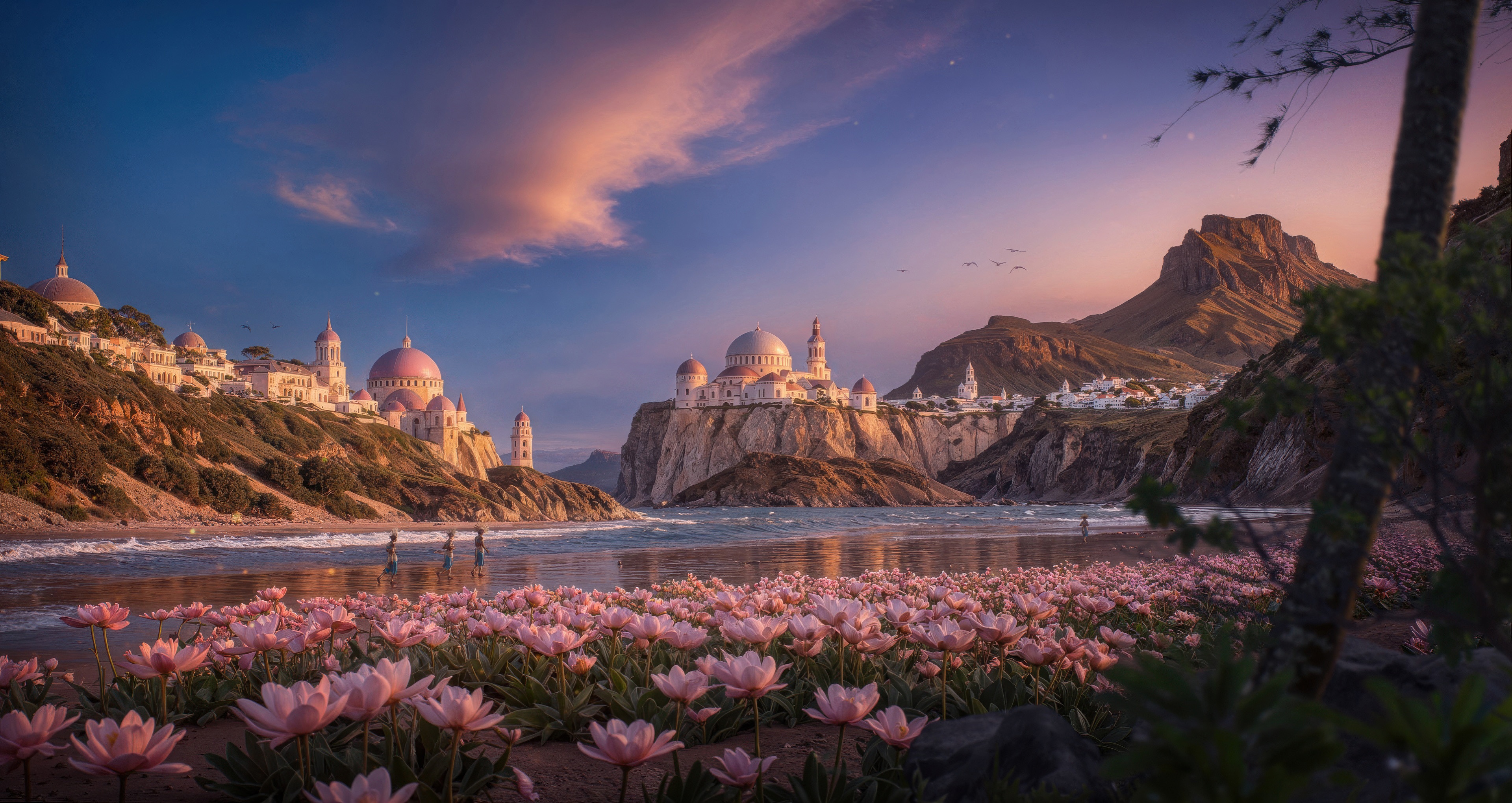 Fantasy city with pink domes on a cliff by the sea HD Wallpaper
