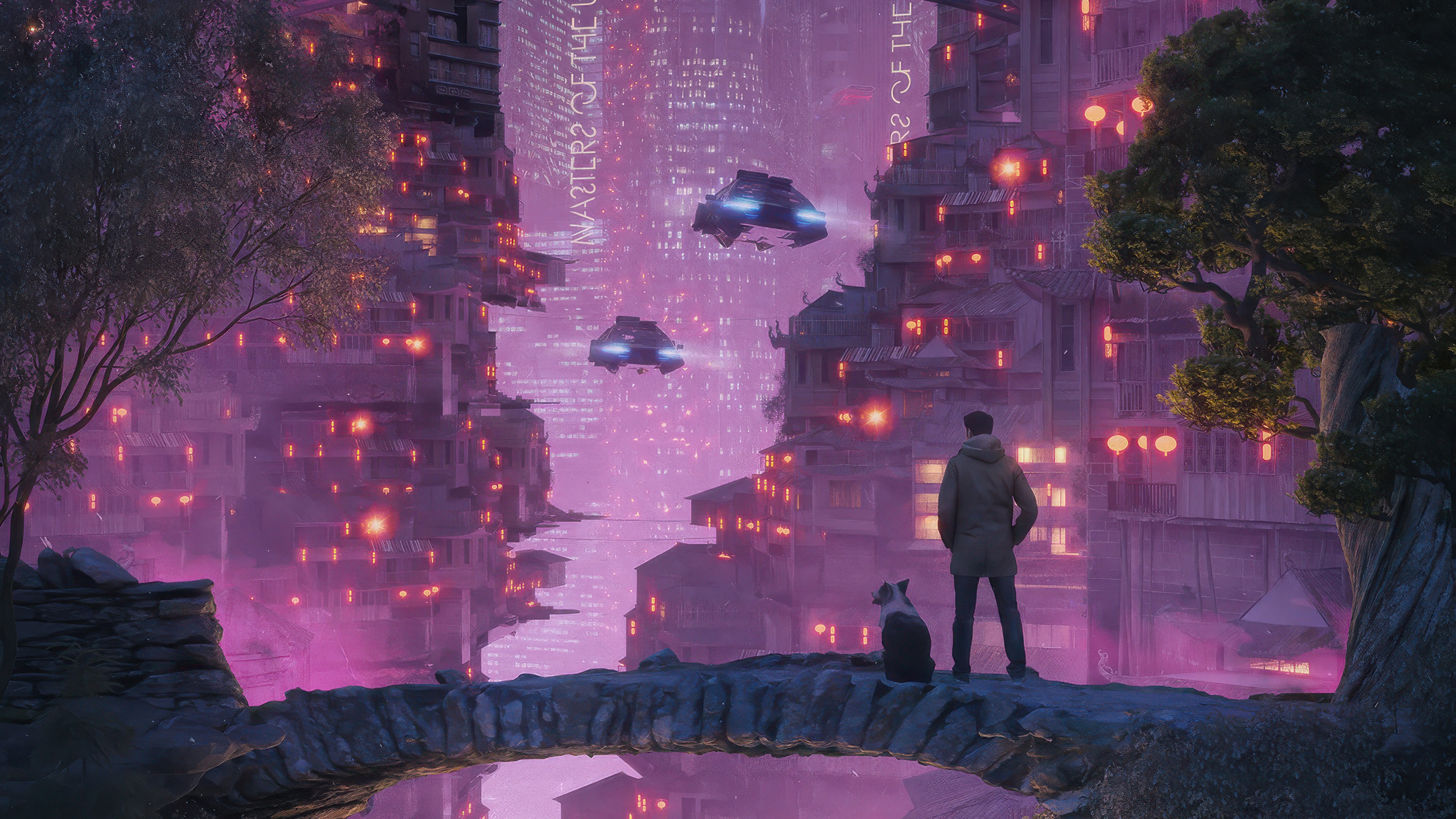Man and dog watch flying vehicles in a glowing futuristic city HD Wallpaper