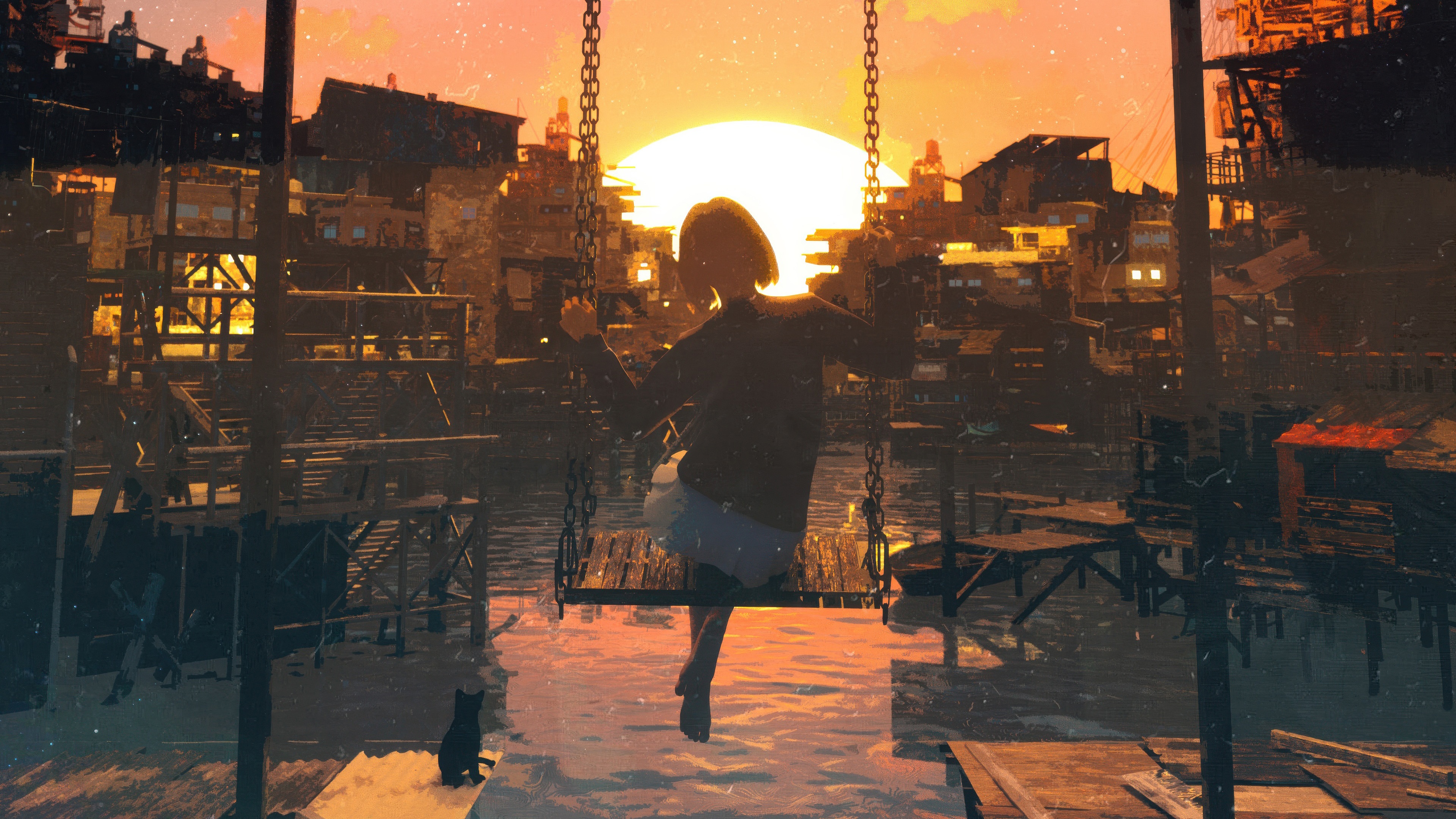 Girl on swing at sunset in a stilt village HD Wallpaper
