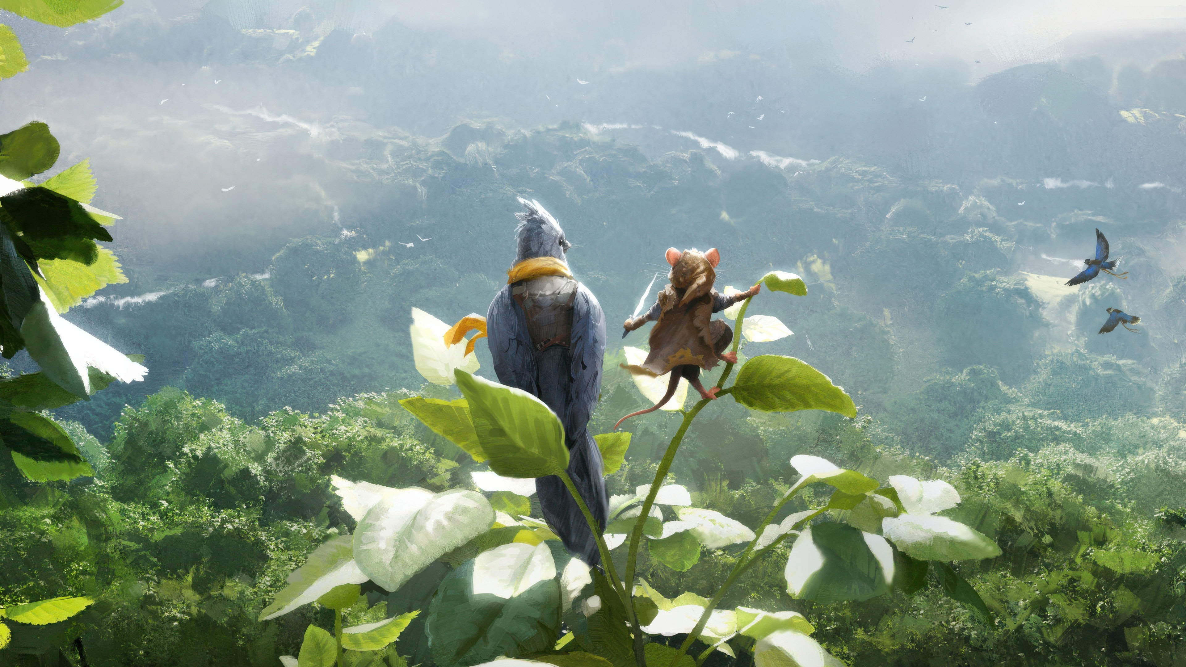 A bird and a mouse on a plant overlooking a forest HD Wallpaper