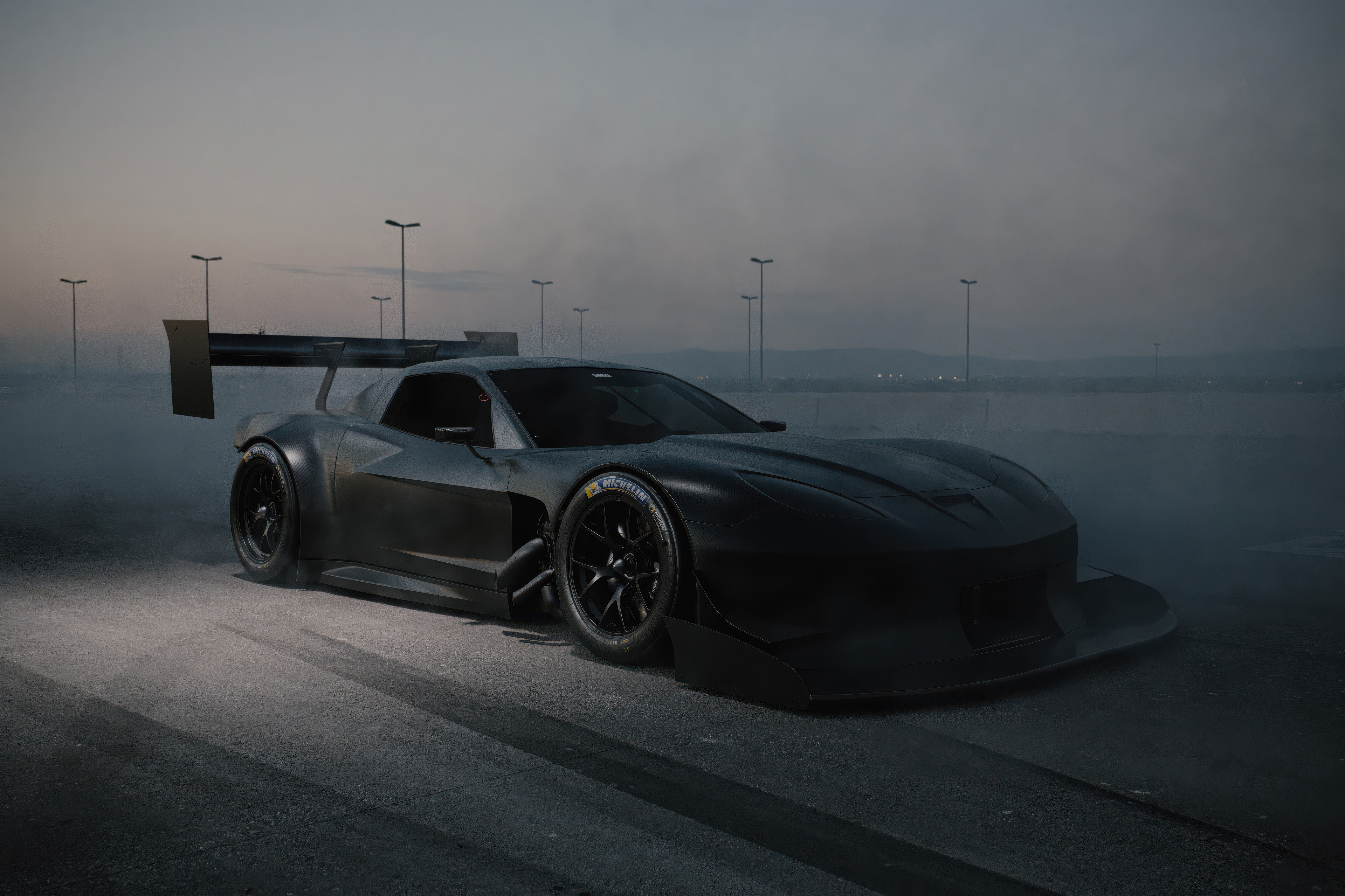 Black C6 Corvette race car with large rear wing HD Wallpaper