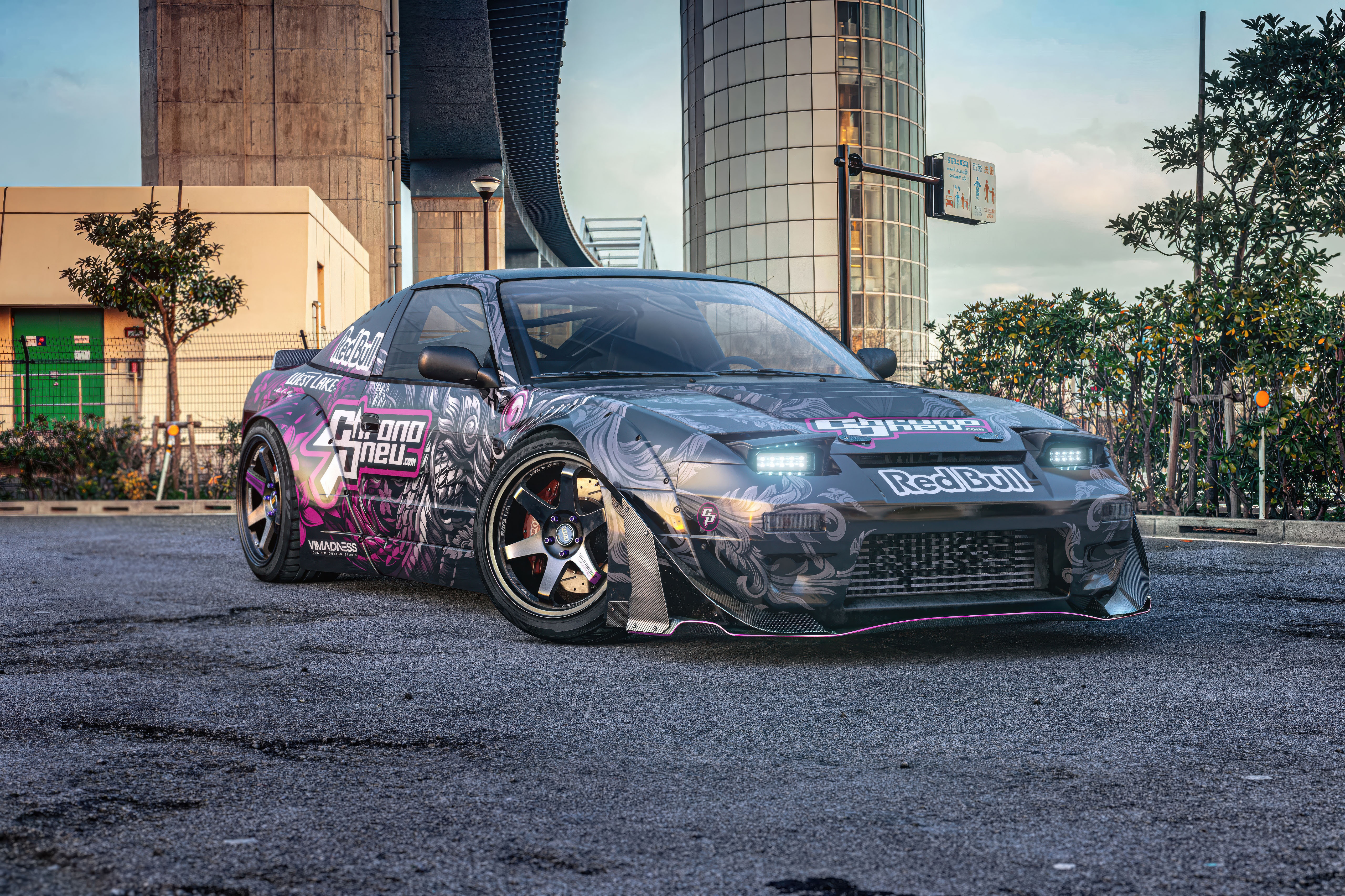 Nissan 240sx with Red Bull livery parked on asphalt HD Wallpaper